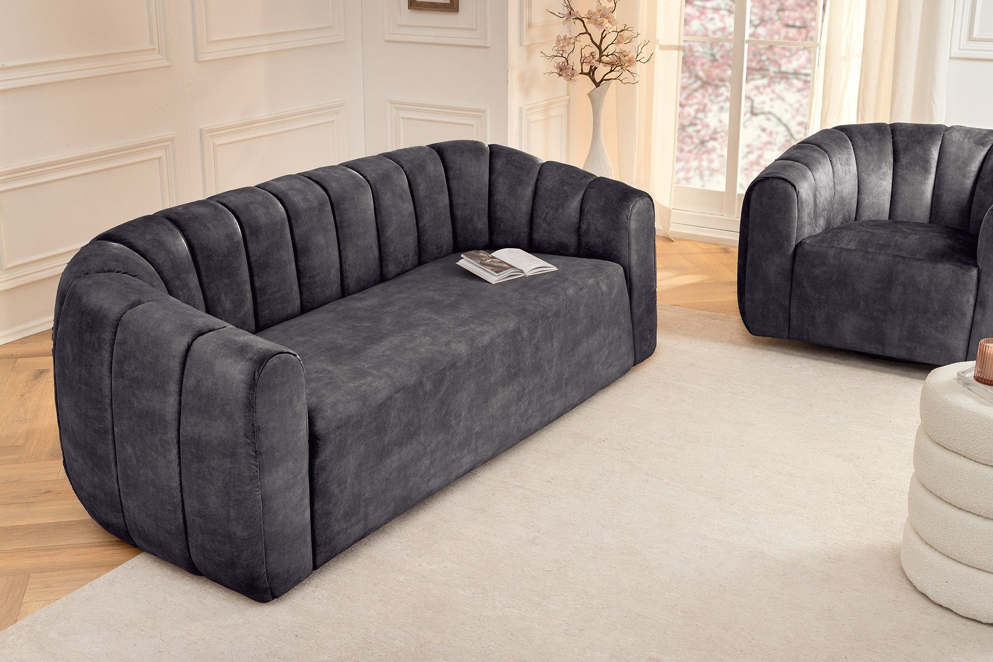 3‑zitbank BABYLON – 200 cm antraciet fluweel met decoratief stiksel