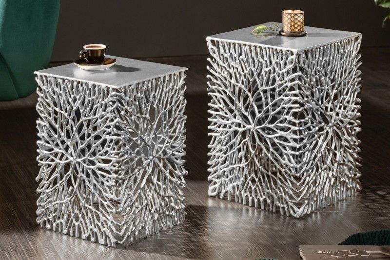 Abstract Leaf Filigraan Bijzettafel Set – 2 Zilveren Handgemaakte Tafels van Invicta Interior