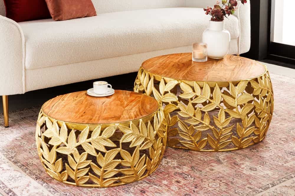 Abstract Leaf ronde salontafelset – 2 stuks, 70 cm, massief acaciahout & metaal, goudkleurig