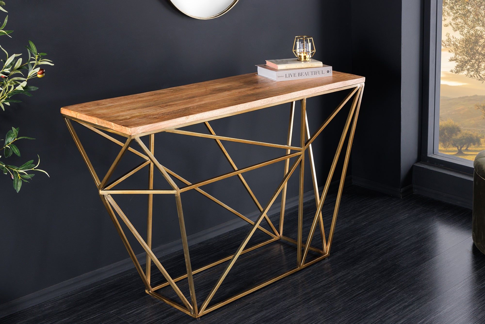 Abstracte Wandtafel Diamond – Natural Messing & Mango Hout, 120 cm
