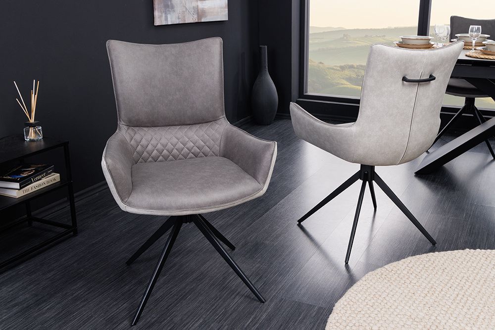ALPINE draaibare design stoel – lichtgrijs met zwarte armleuningen en metalen poten – Invicta Interior
