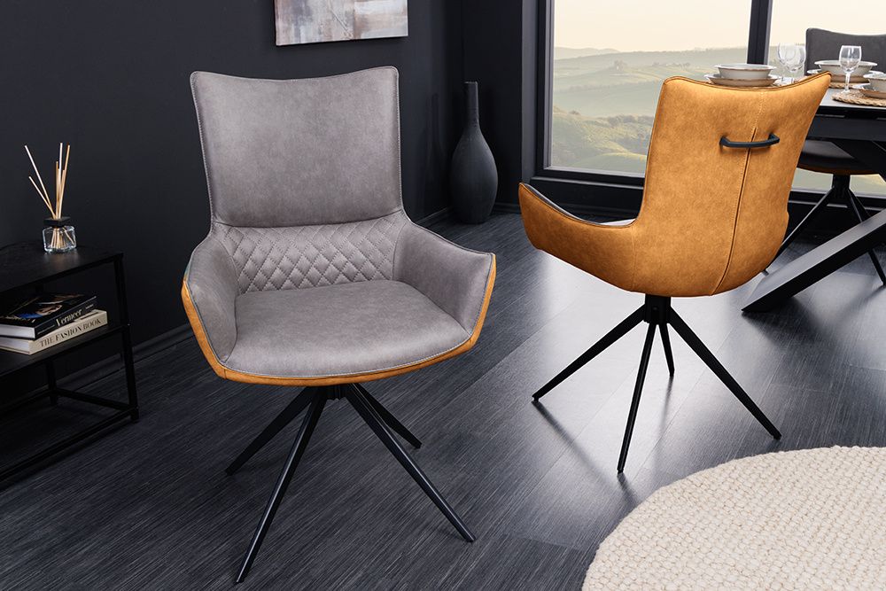 ALPINE Draaibare designstoel – Grijsbruin met zwarte metalen poten & armleuningen