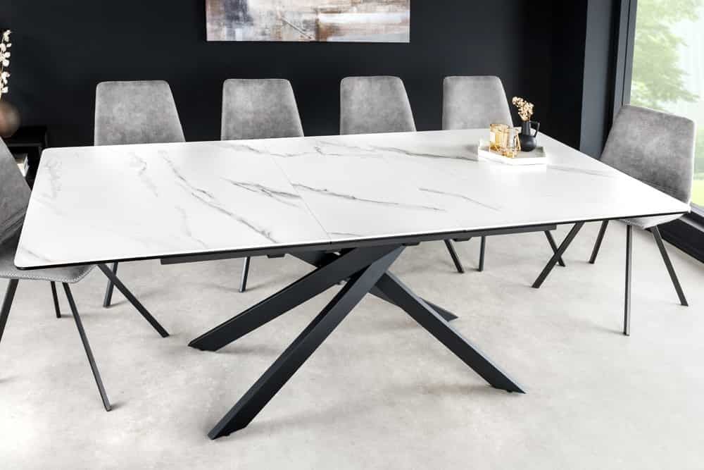 Alpine uitschuifbare eettafel 160‑200 cm – wit keramisch marmer, zwart metalen frame