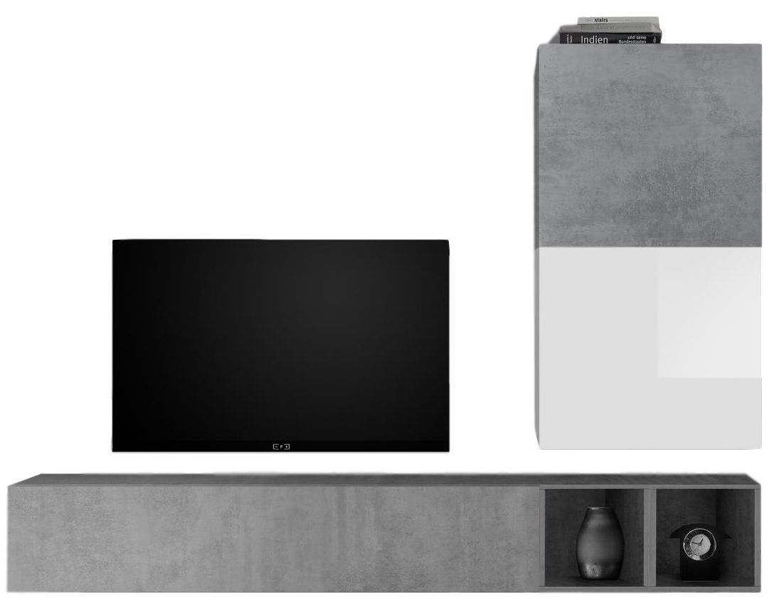 Anderson TV‑wandmeubel – Hoogglans wit met betonnen accents