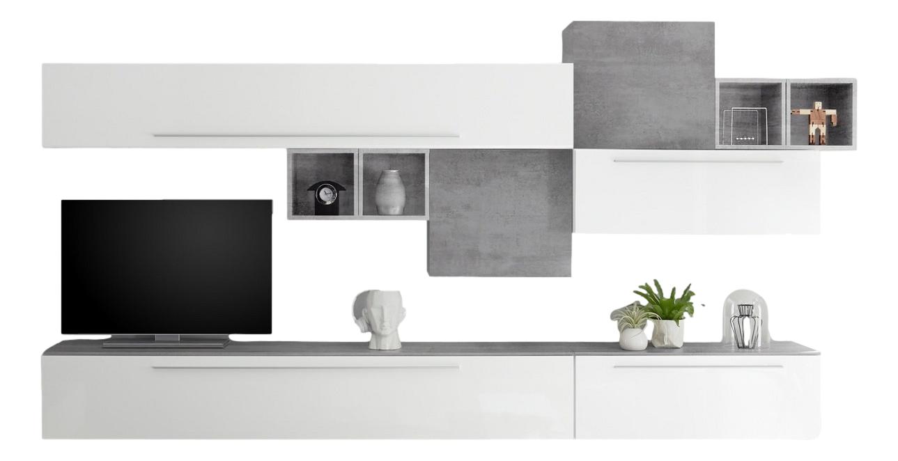 Andree TV-wandmeubel set in hoogglans wit & grijs beton – modulair design voor het moderne interieur