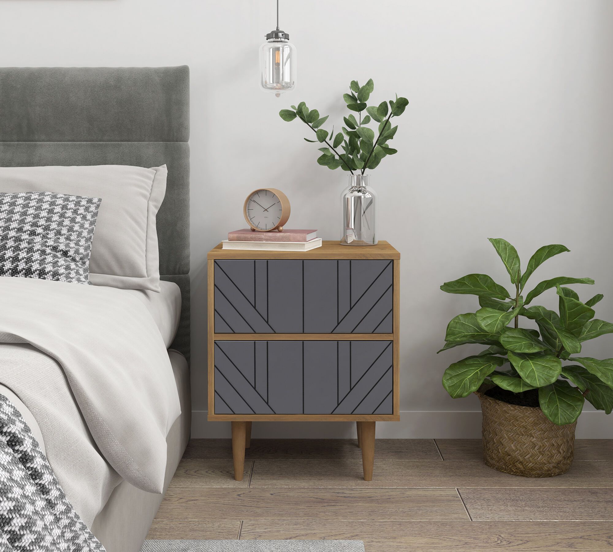 Artistiq Beckham nachtkastje – strak grijs‑natureel design met 2 lades