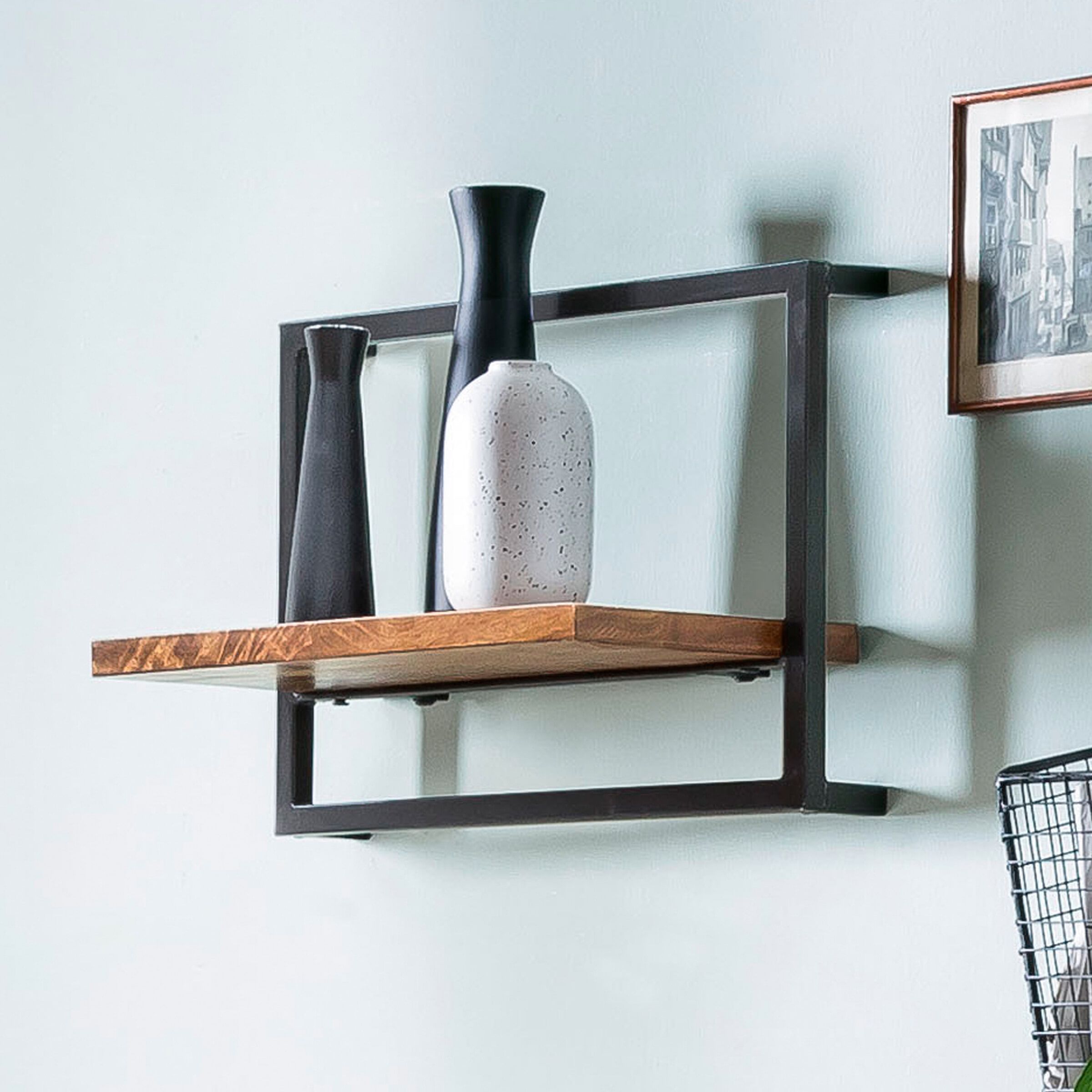 Artistiq Jossue Wandrek – Industriële mangohouten plank met antiek metalen frame (35 × 65 cm)
