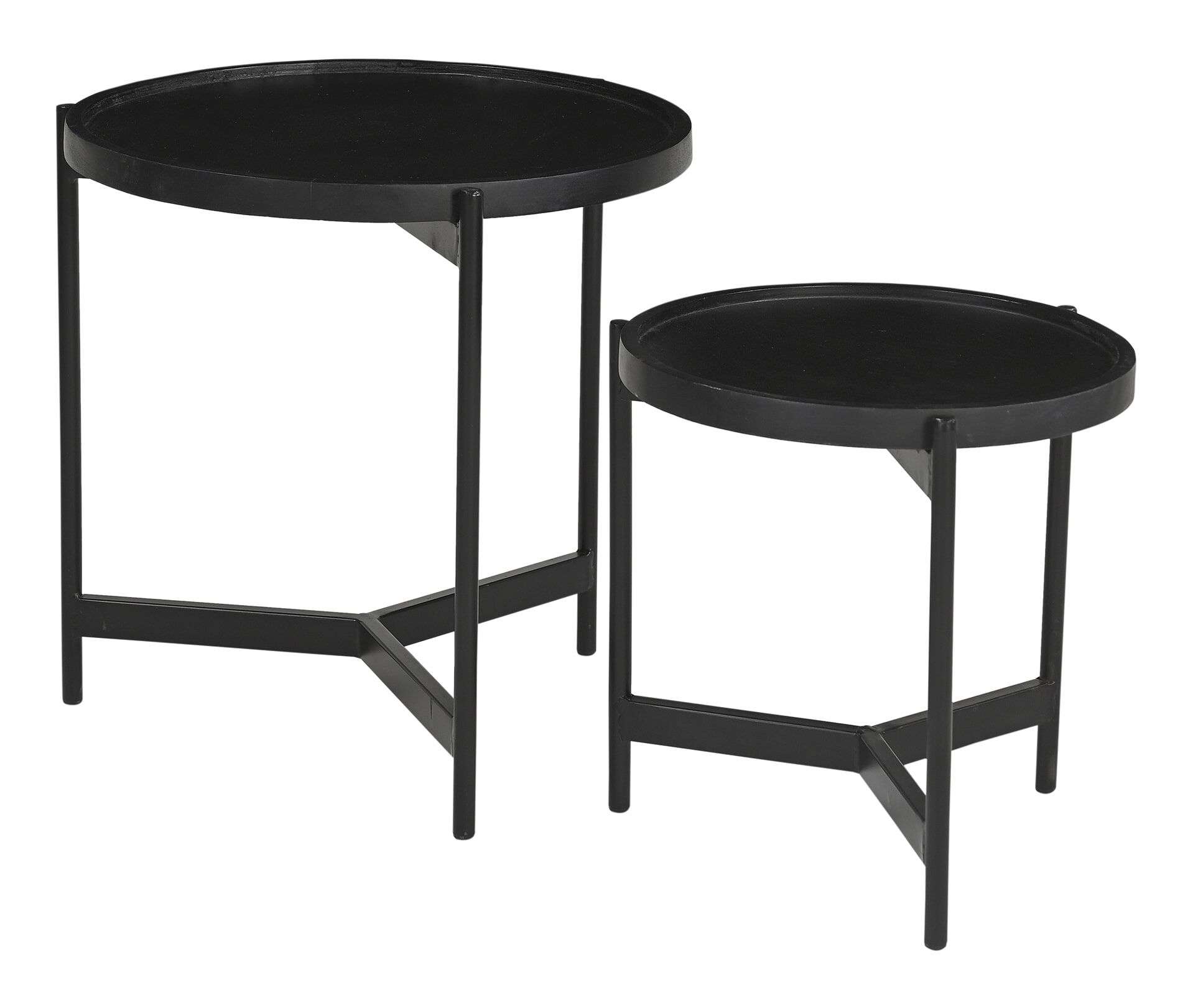 Artistiq ronde bijzettafelset Davona – zwart mangohout & metalen frame (2 stuks)