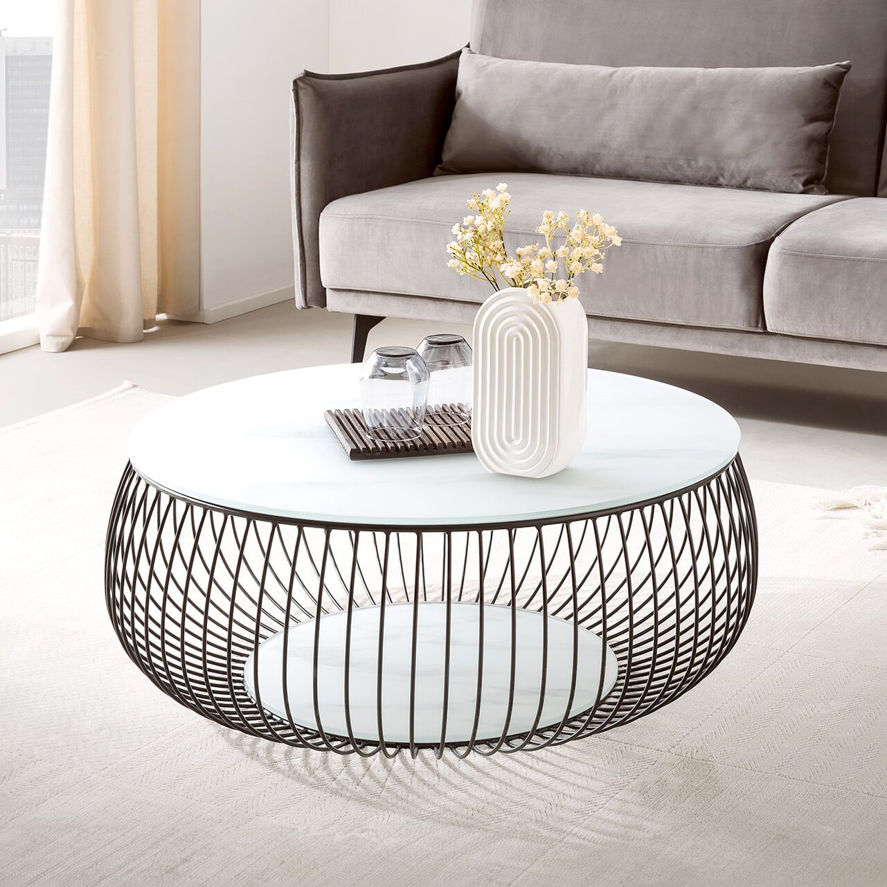 Artistiq ronde salontafel 86 cm – glas met marmerlook en zwart metalen frame