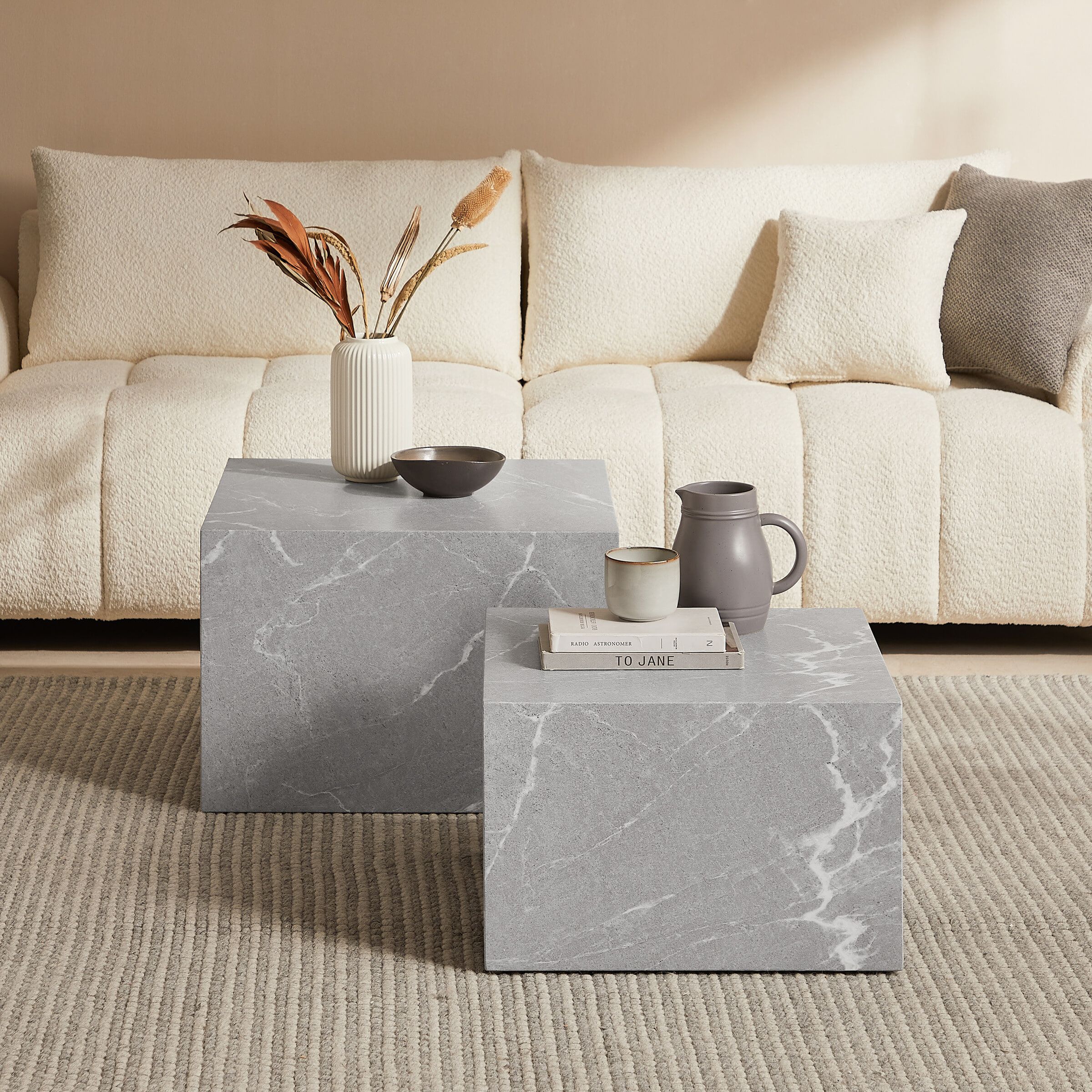 Artistiq Salontafel Asusena Marmerlook – Set van 2 stijlvolle vierkante tafels in grijs