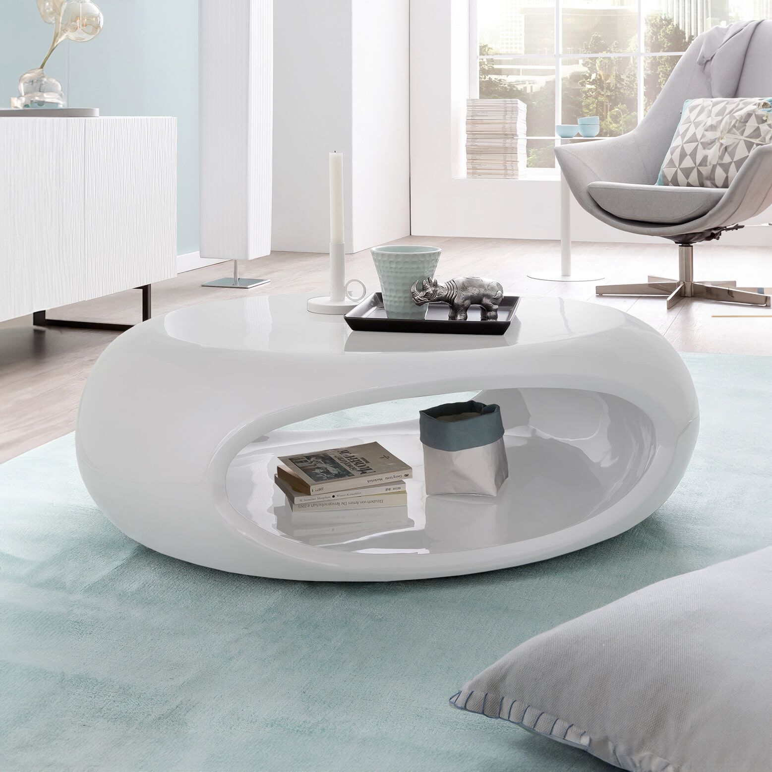 Artistiq Salontafel Rhoda – Ovaal, Hoogglans Wit (100 cm × 70 cm)