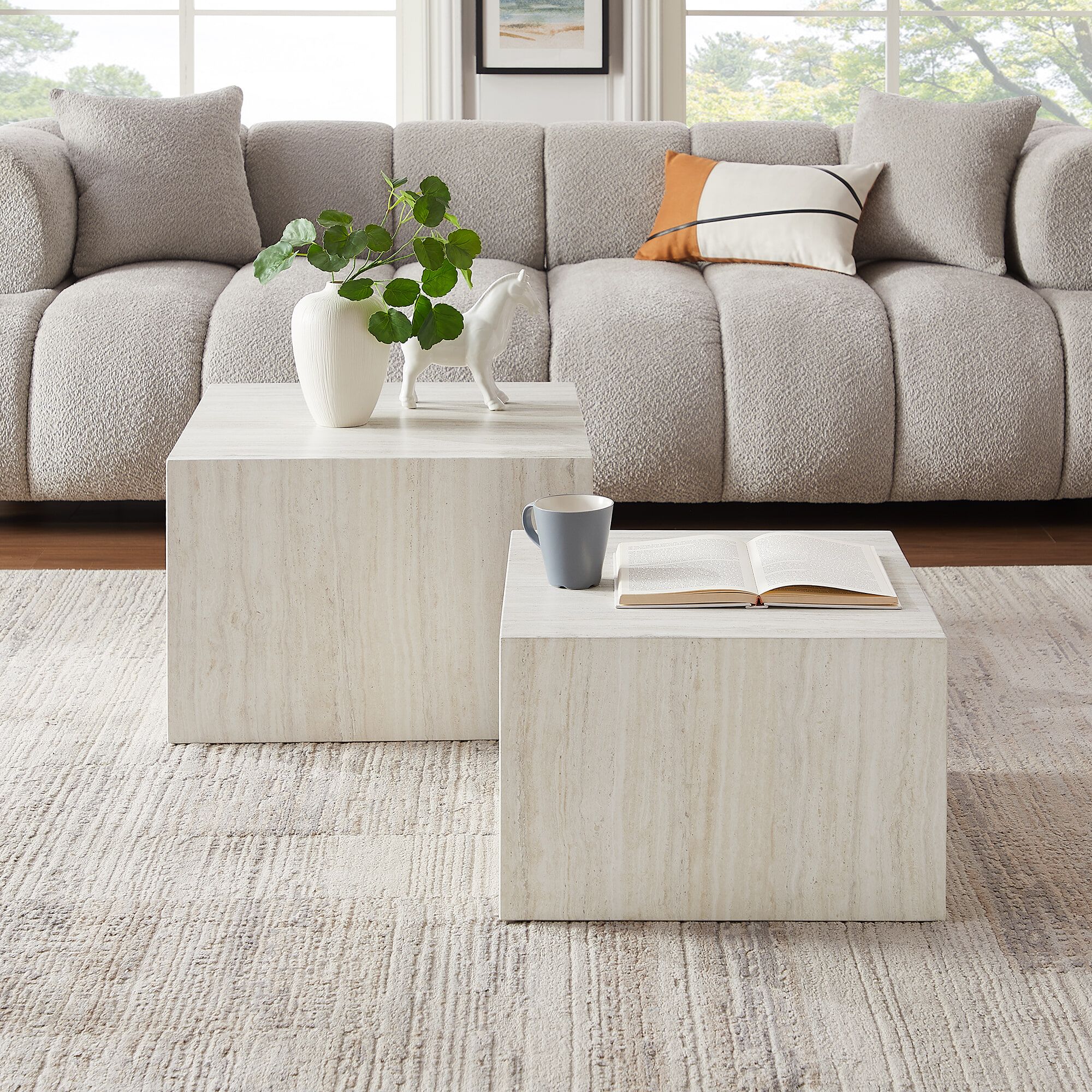 Artistiq Salontafel Set van 2 – Helder Travertinlook, Beige, Vierkant
