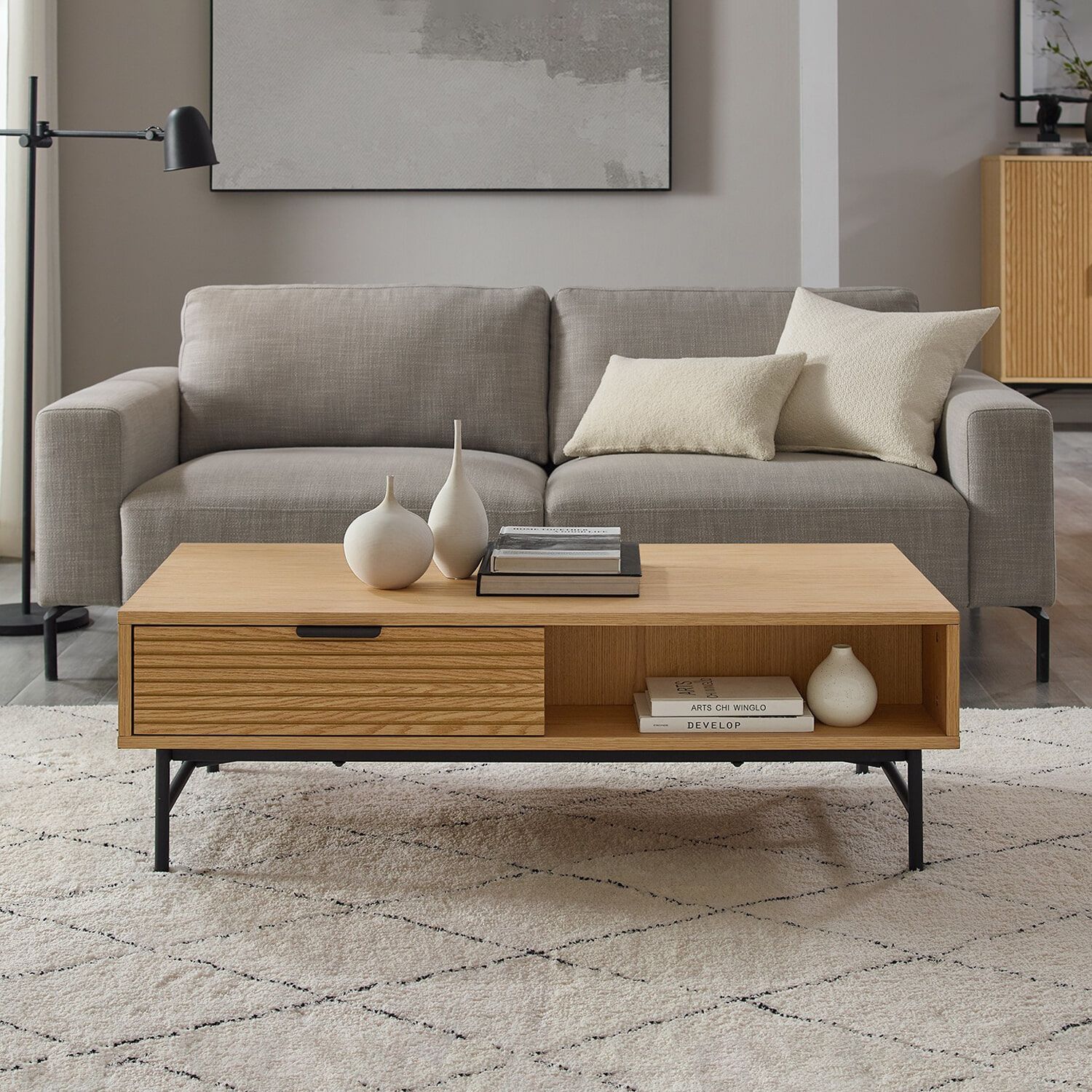 Artistiq Salontafel Shoua 120 × 60 cm – Licht eikenfineer met metalen loftpoten