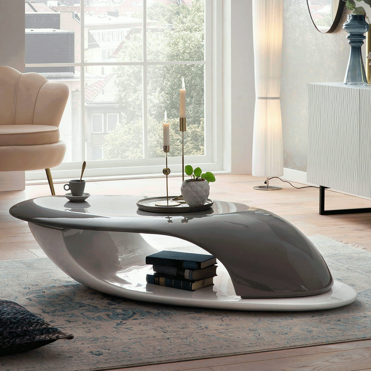 Artistiq Salontafel Zan – Strakke retro‑look in grijs‑wit (130 × 58 cm)