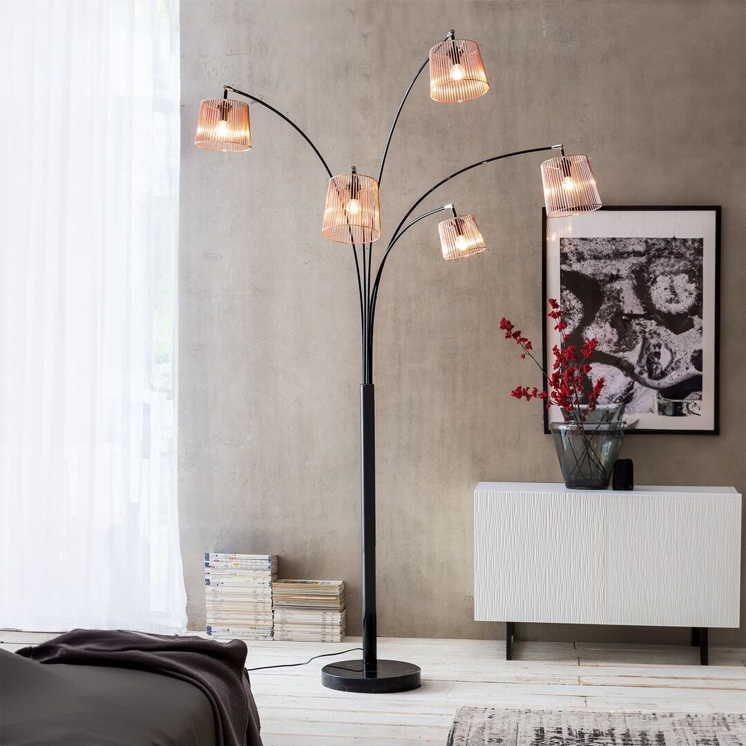 Artistiq Stefanie 5‑lamp vloerlamp – Koper met marmeren voet