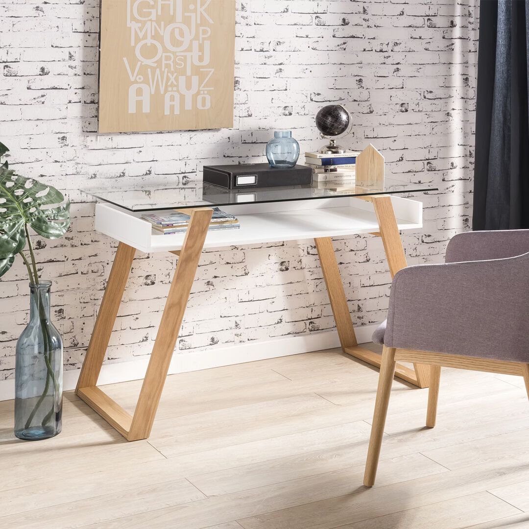 Artistiq Terri – Modern Scandinavisch Werkbureau met Glazen Blad en Open Opbergvak – Wit