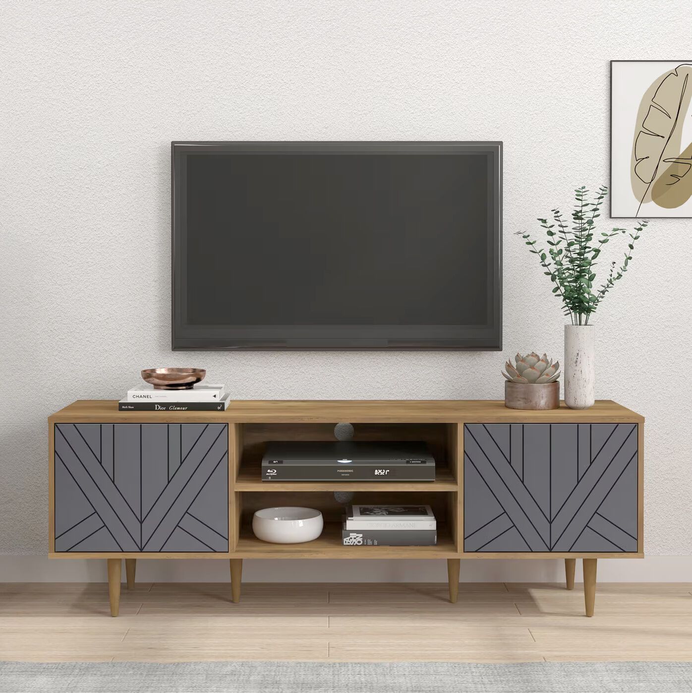 Artistiq TV-meubel Beckham 160 cm – Grijs/Naturel, strak low‑board voor 70‑inch scherm