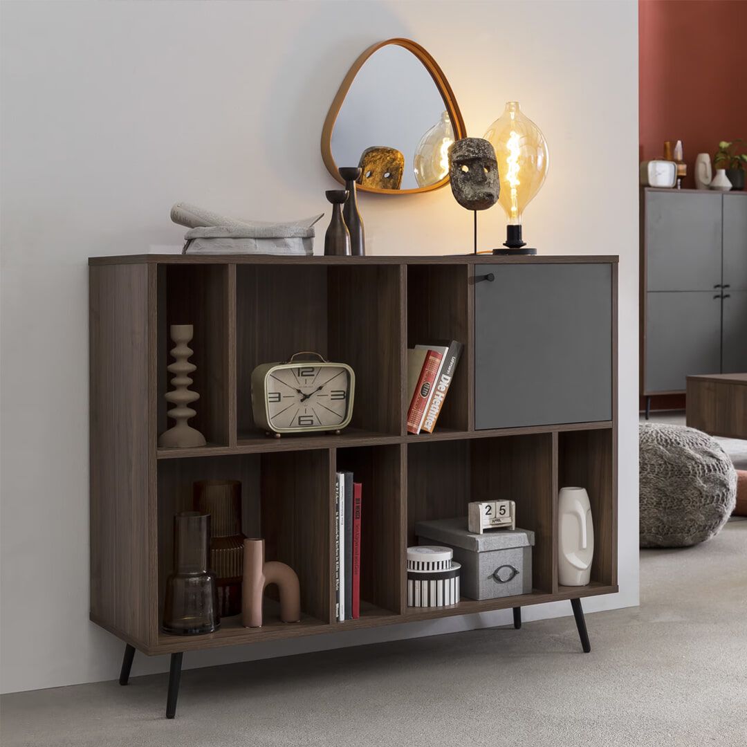 Artistiq Wandkast Romain 76 × 118 cm – Walnoot & Grijs, Modern Design met Metalen Poten