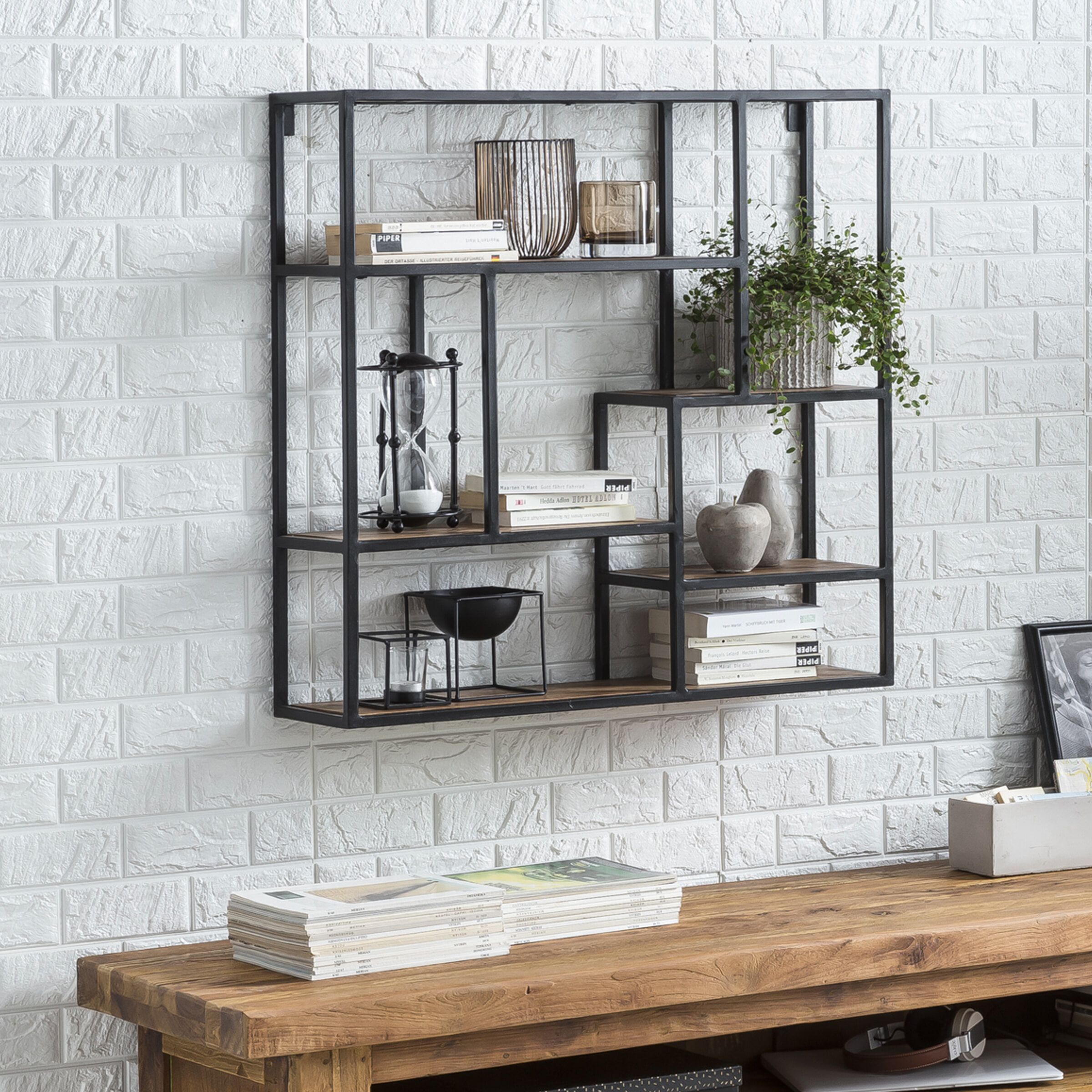 Artistiq Wandrek Cristan – Stijlvol mangohouten planken met metaalframe, 80 × 80 cm