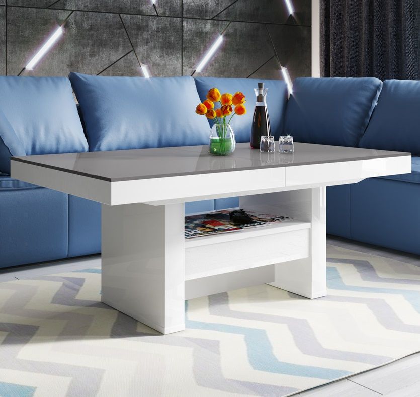 Aversa Lux – Verstelbare Salontafel & Eettafel in Hoogglans Wit met Grijs