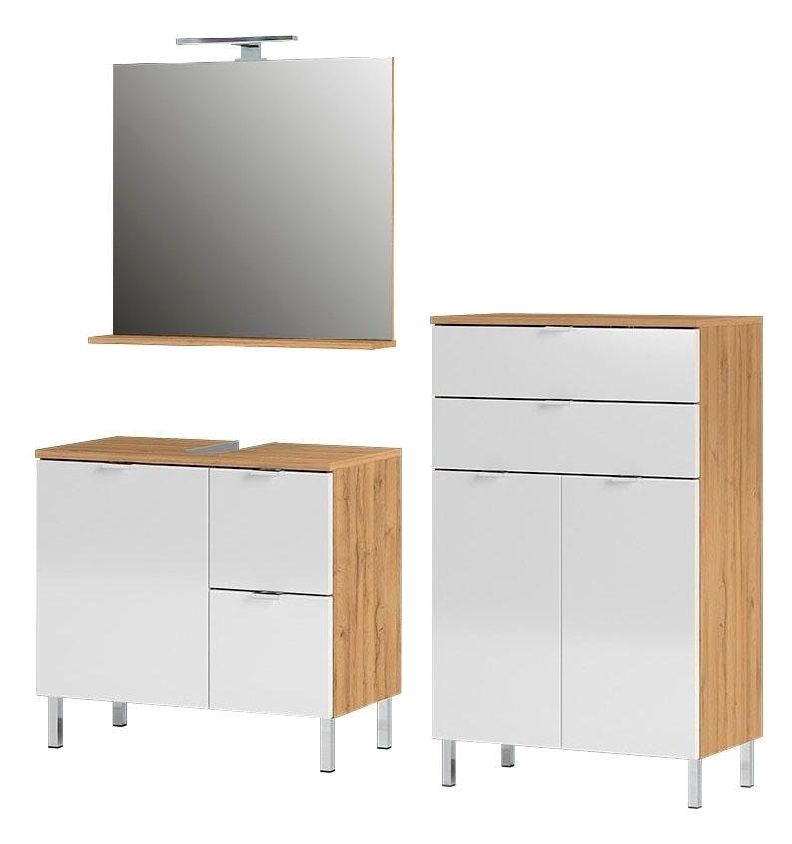Badkamermeubelset Bruno – Moderne 3‑delige set in eiken en wit met LED‑spiegel
