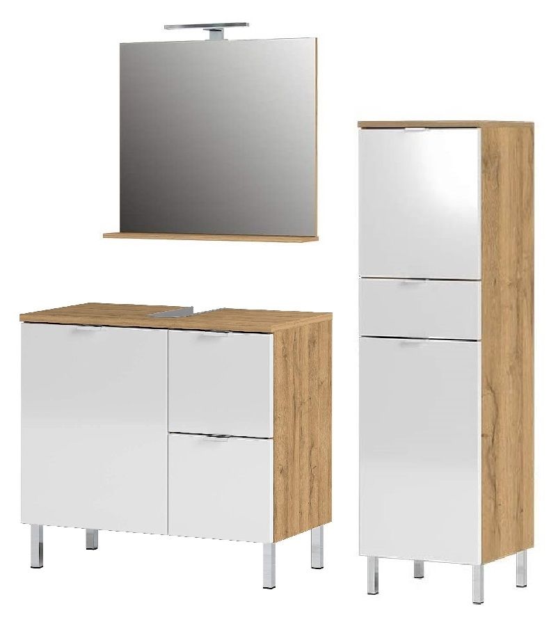 Badkamermeubelset Bruno – Moderne eiken & witte look met LED‑spiegel