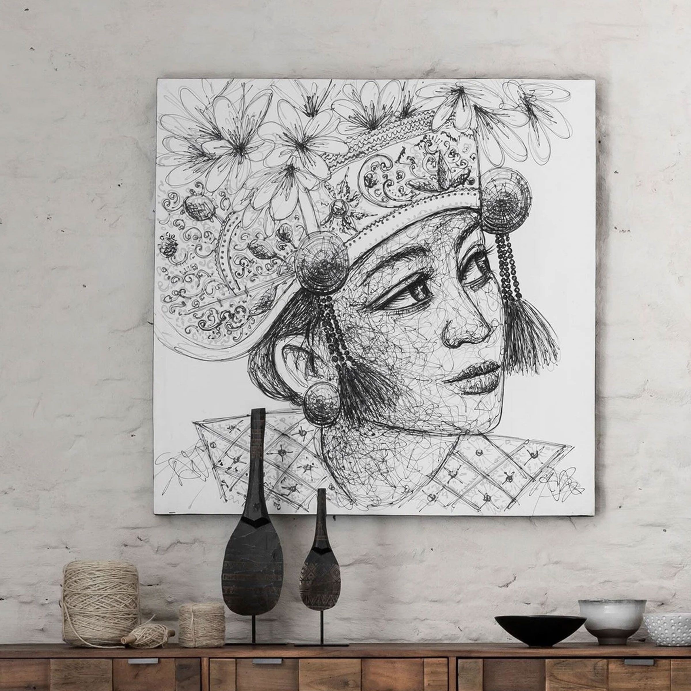 Balinese Girl Wandpaneel van MUST Living – 100 cm × 100 cm Zwart‑Wit