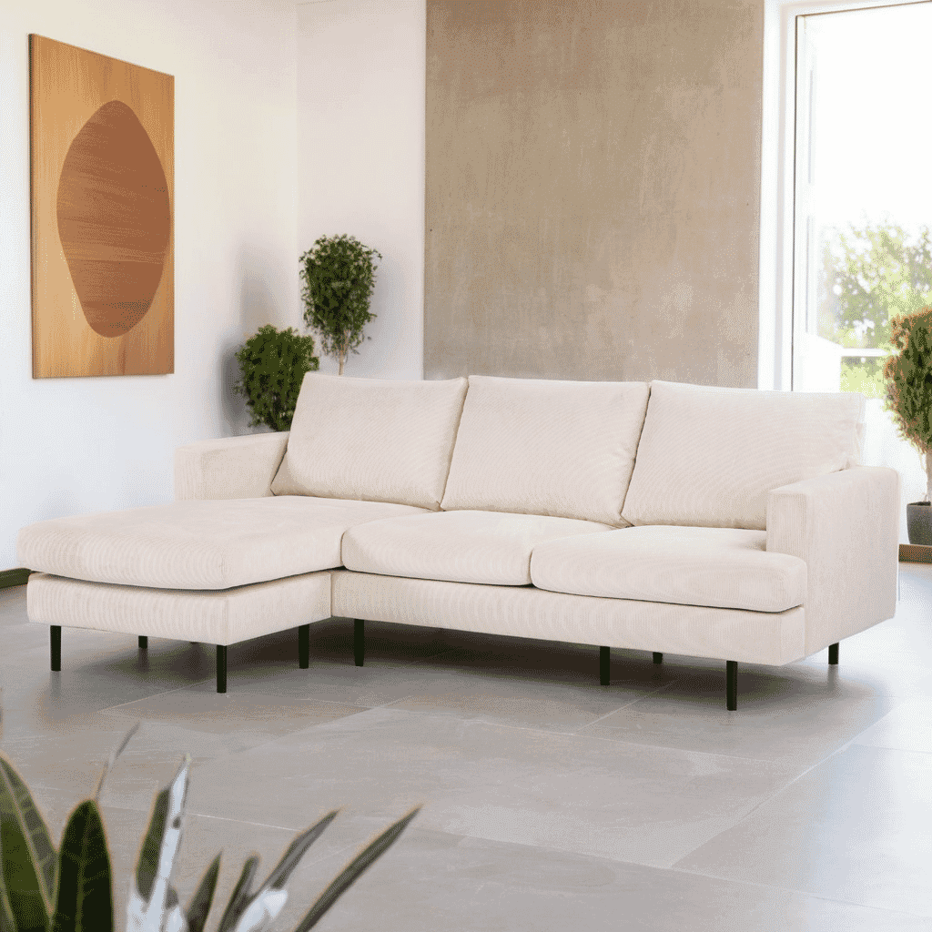 BASE 3‑zit Loungebank Shikita – Flexibel links‑ of rechts‑georiënteerd, ribstoffen, stijlvol beige