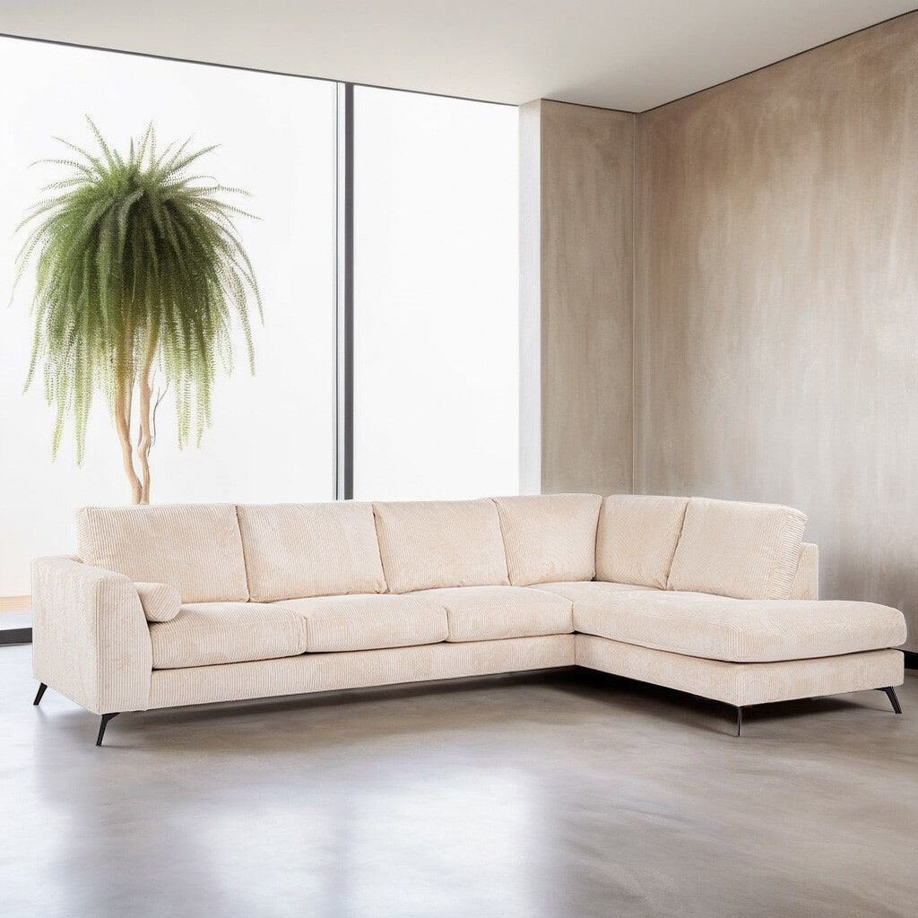 BASE 3-zits Hoekbank Joetta Rechts – Moderne Ribstoffen Elegantie in Beige