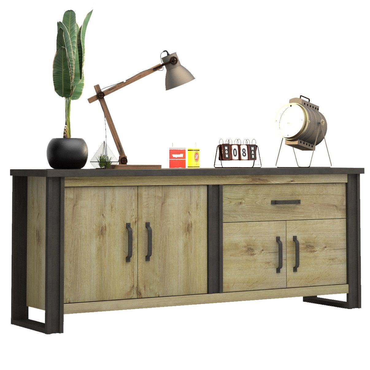 Baxter Dressoir 224 cm – Robuuste eiken‑look met antracietaccent