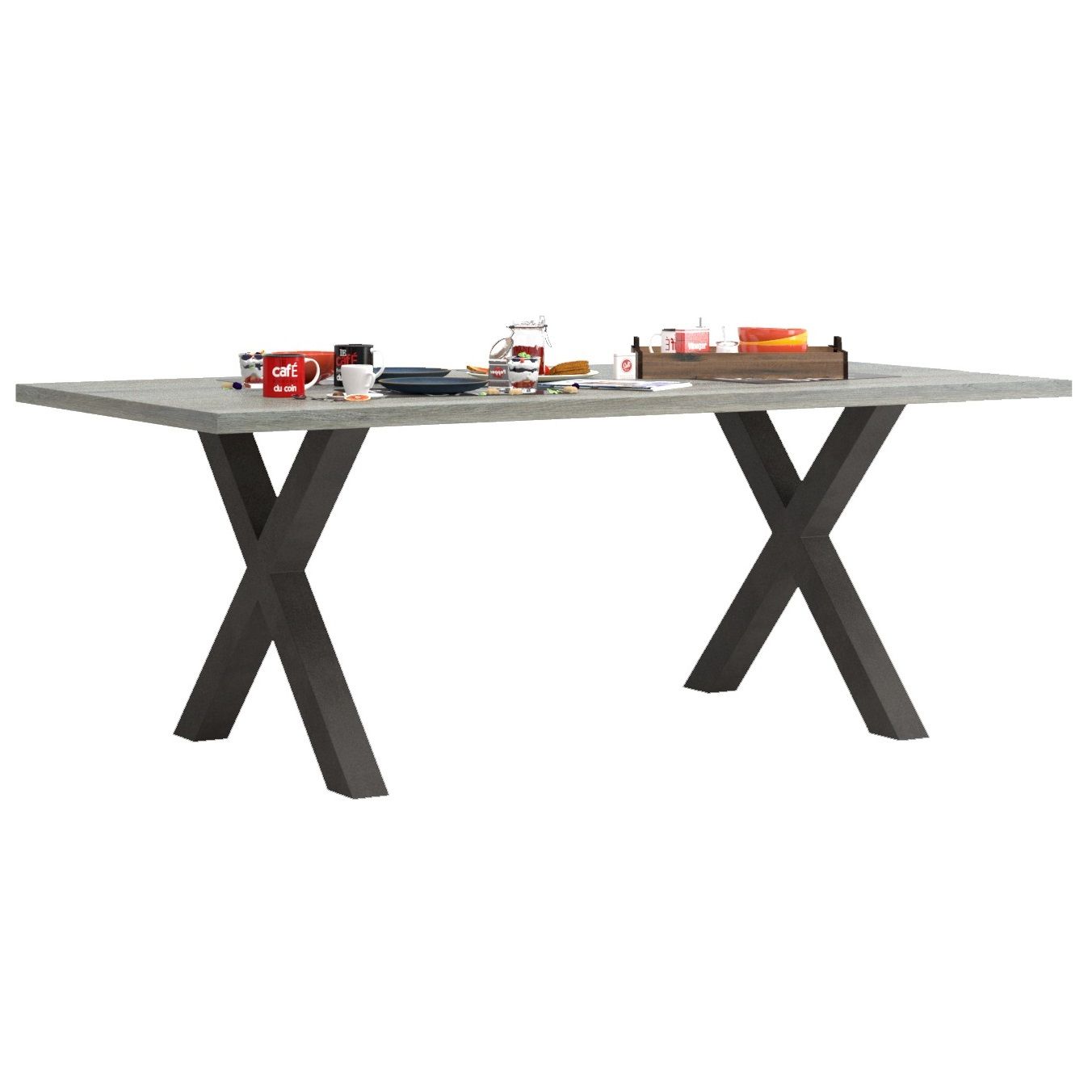 Baxter X eettafel 170 × 100 cm – robuuste industriële look in grijs eiken en antraciet