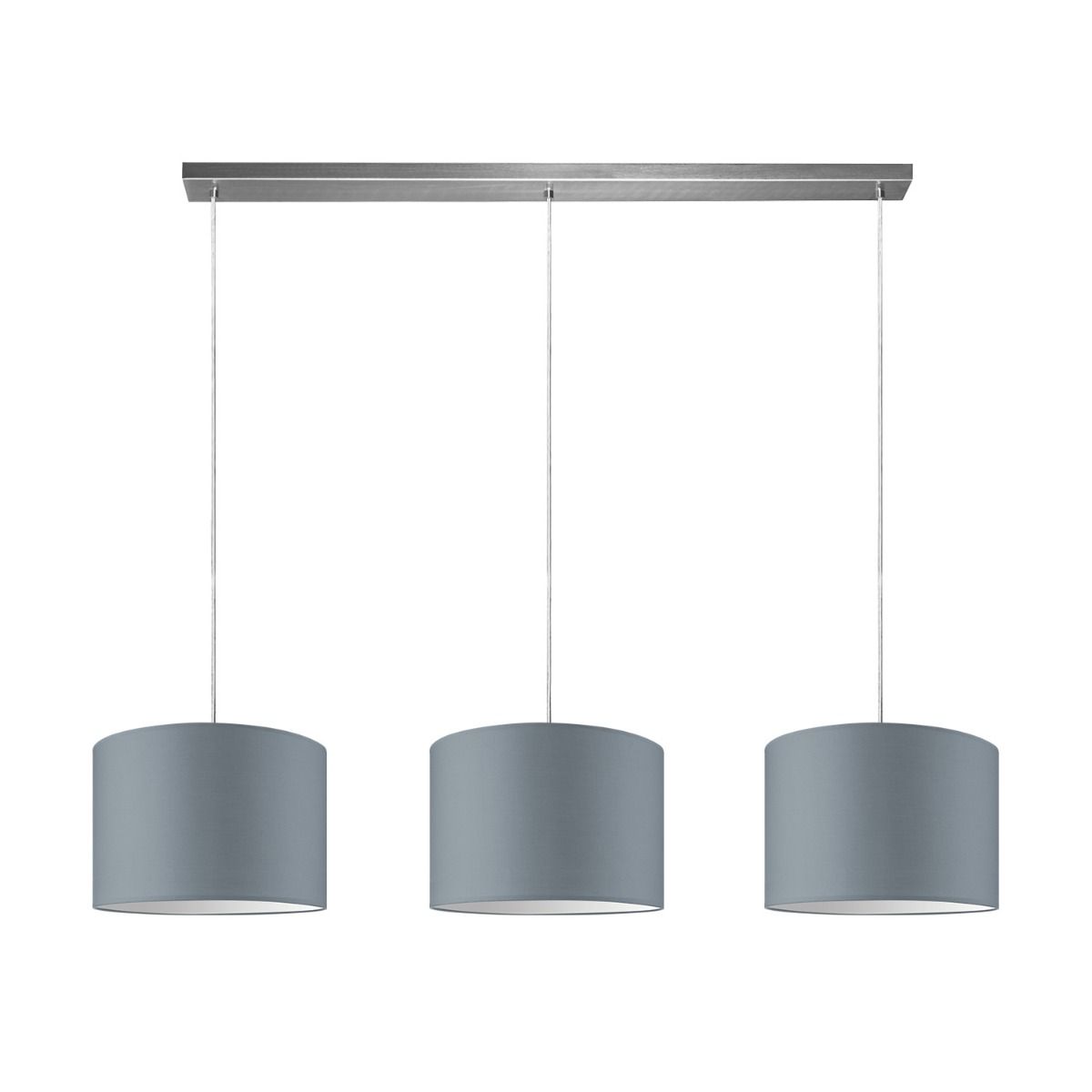 Beam 3 Bling – Luxe hanglamp met drie lichtgrijze katoenen kappen, Ø 30 cm