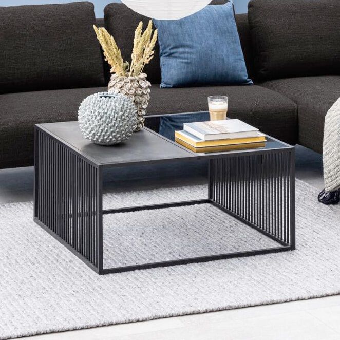 Bendt Esme Salontafel 80 × 80 cm – Marmerlook & Gerookt Glas, Zwart