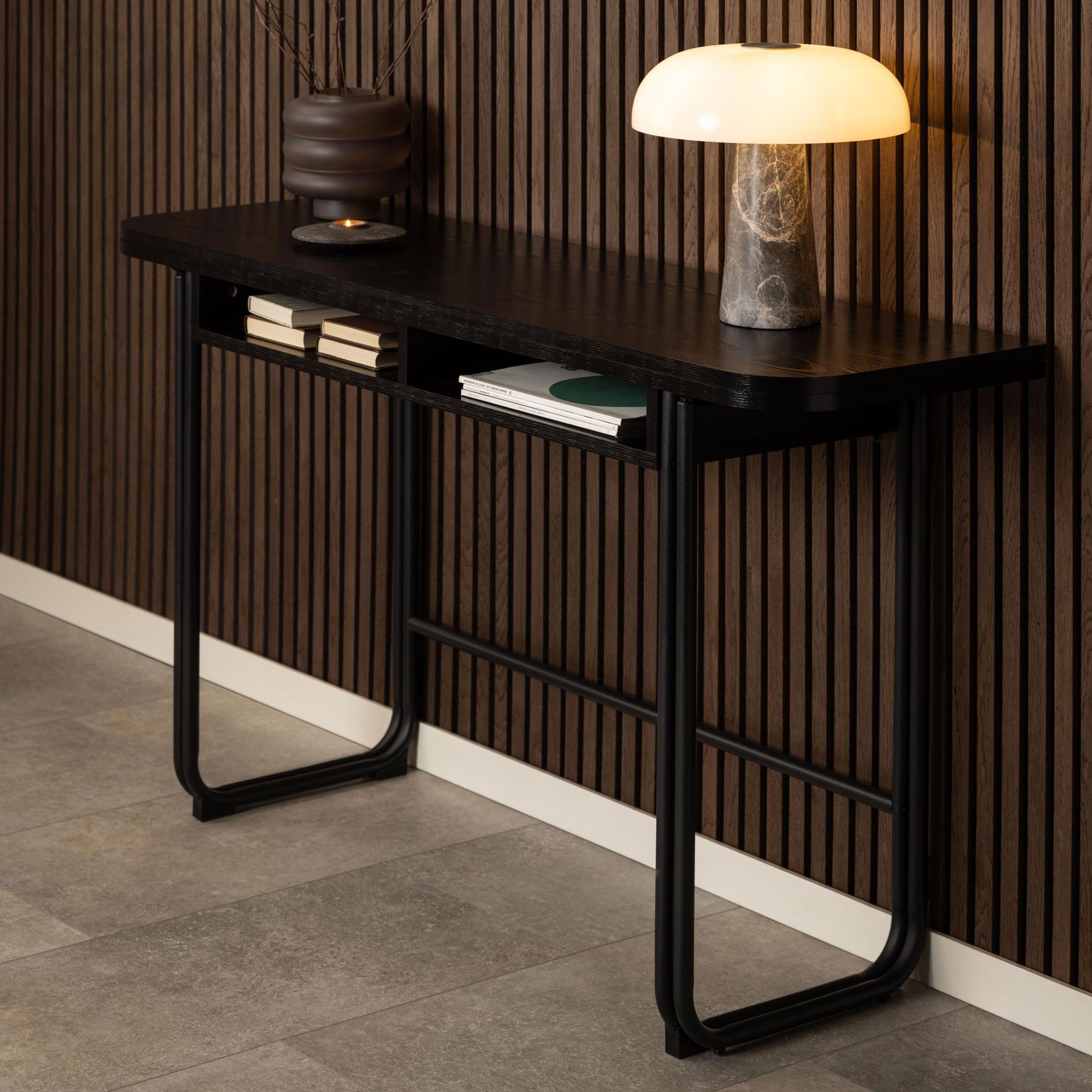 Bendt Jaja – Uitklapbare Zwarte Sidetable & Compacte Eettafel 140 × 40/80 cm