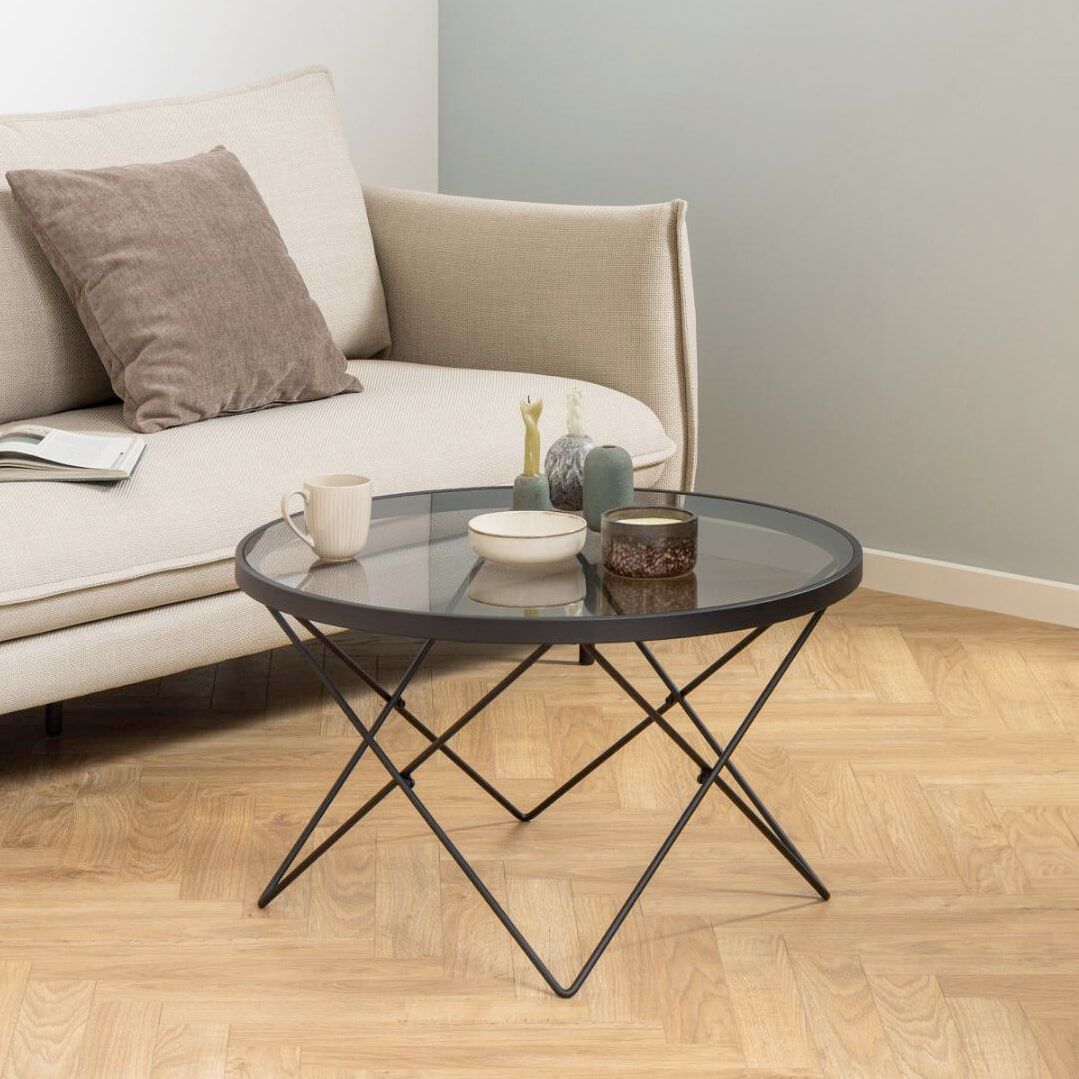 Bendt Kira Ronde Salontafel 80 cm – strak zwart glas met slank metalen onderstel