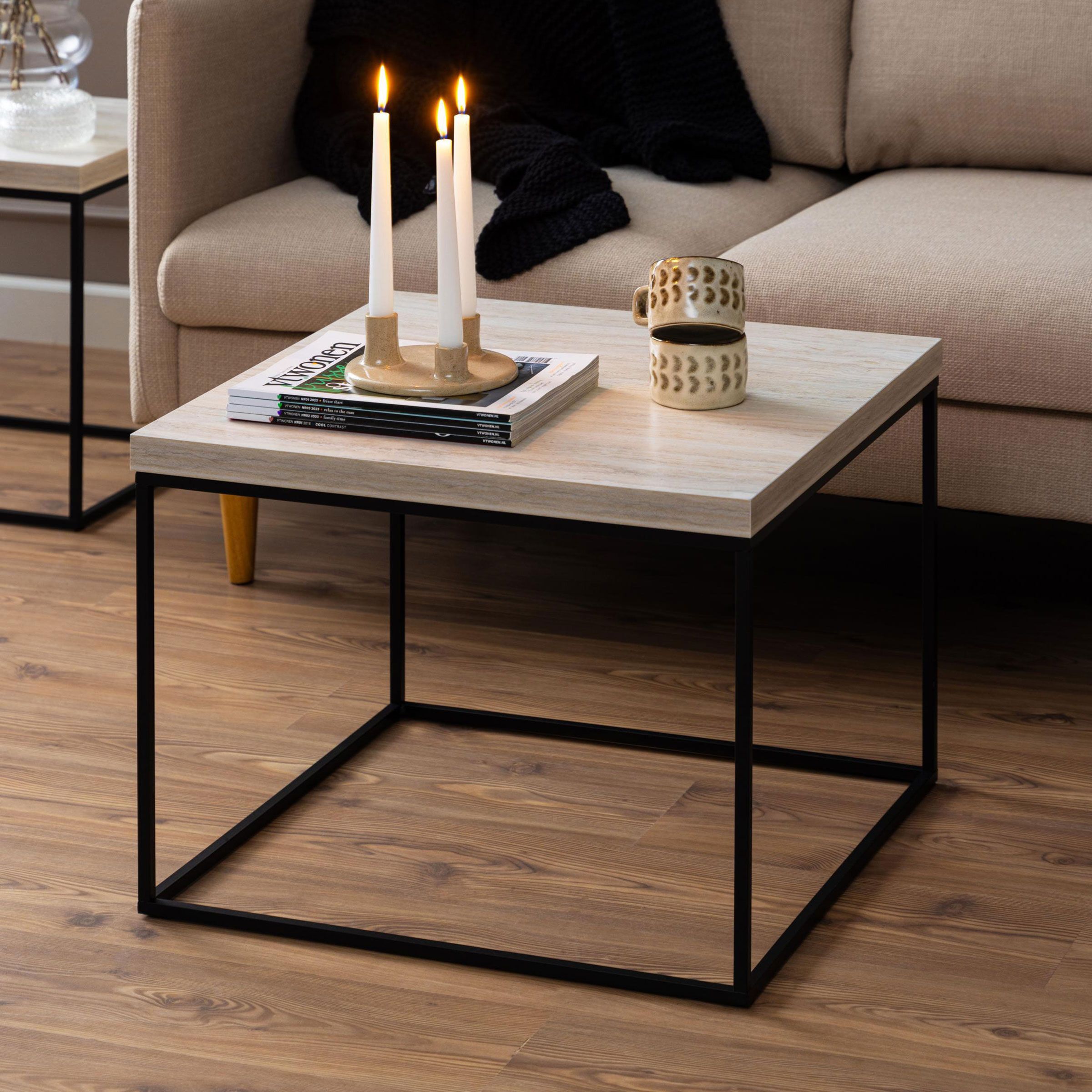 Bendt Maresa vierkante salontafel – stijlvolle travertine-look voor een warme leefruimte