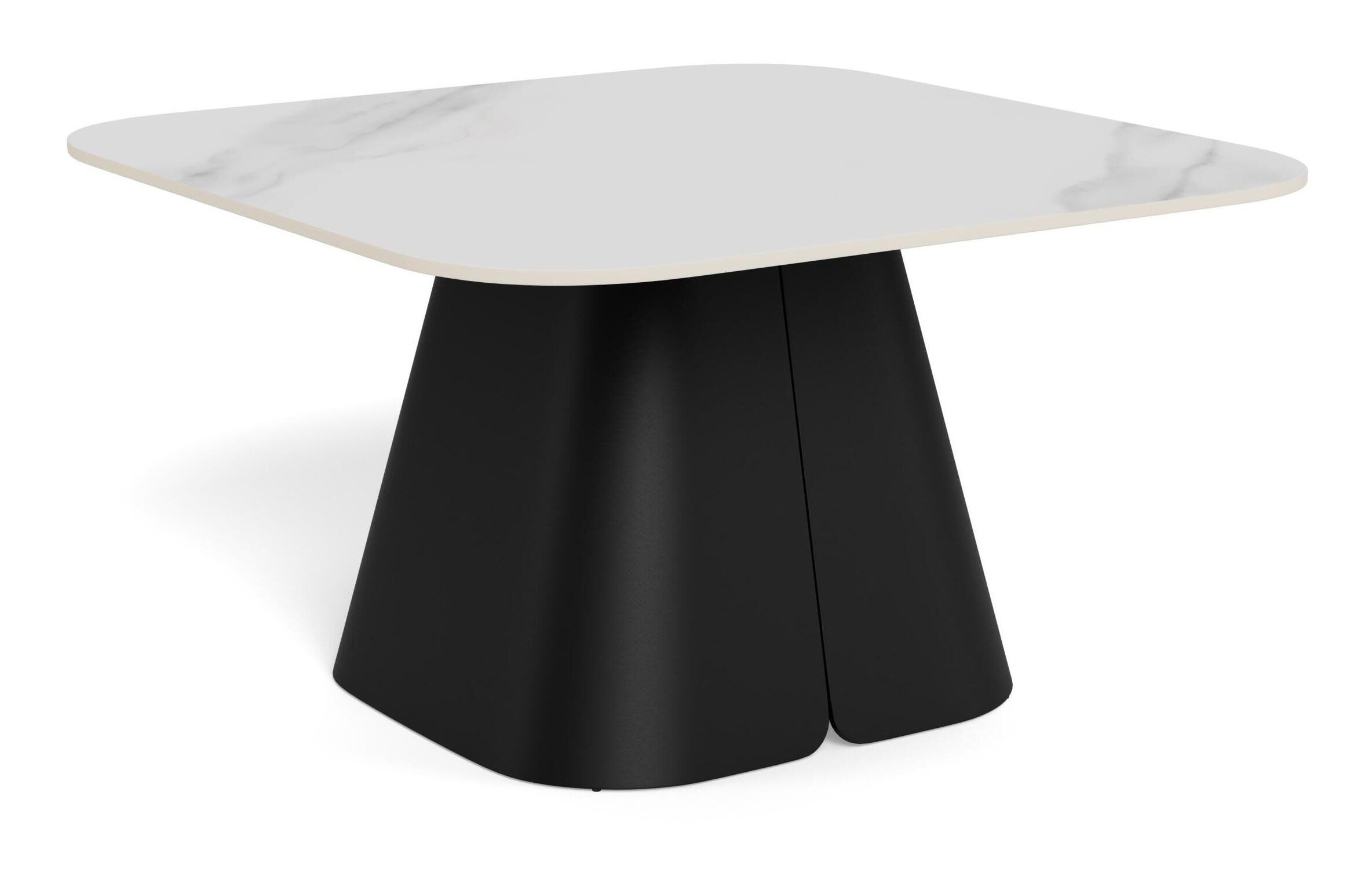 Bendt Maryl salontafel – Vierkante wit‑keramiek met marmerlook en zwarte zuilvoet