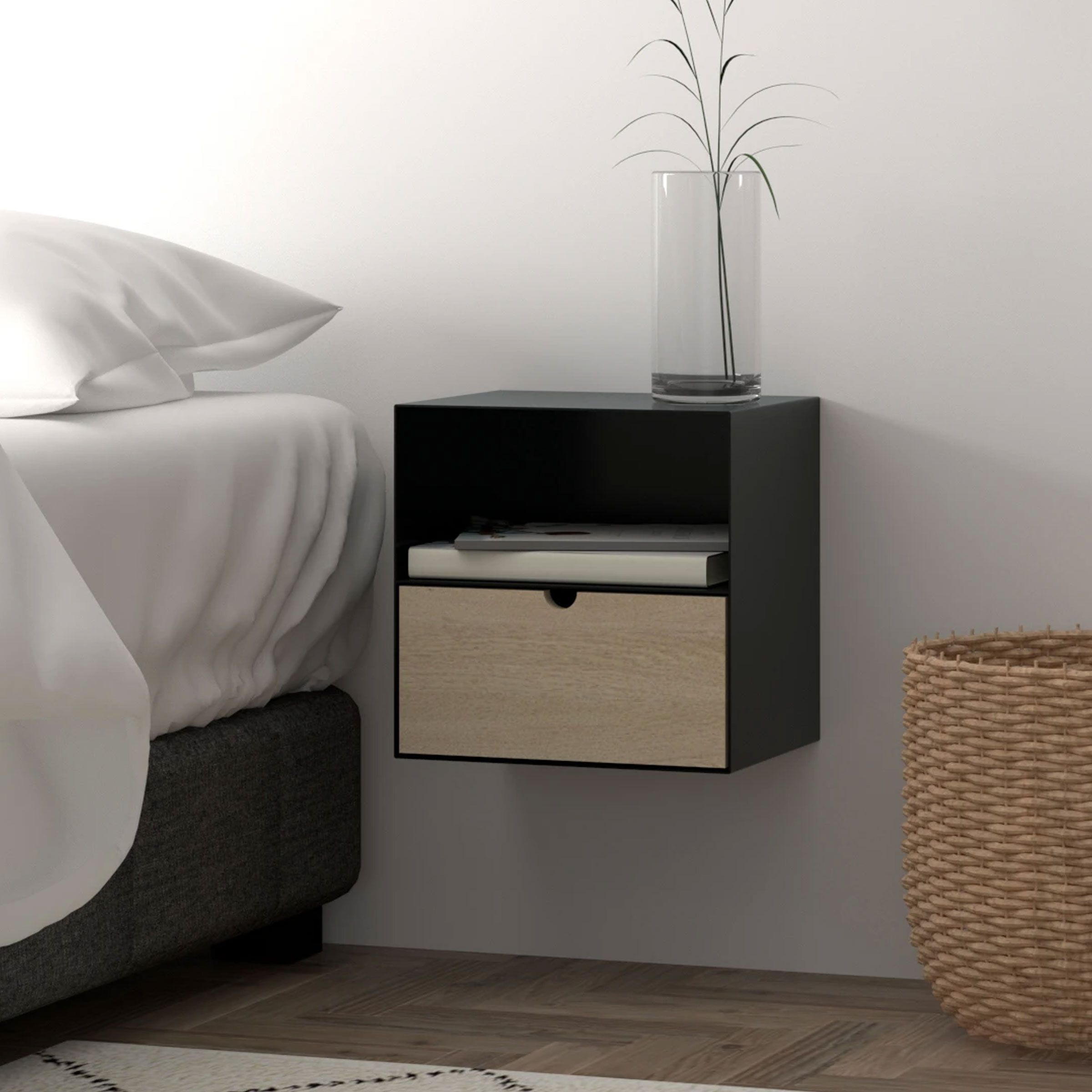 Bendt Nonny zwevend nachtkastje – zwart & bamboe, minimalistisch & tijdloos