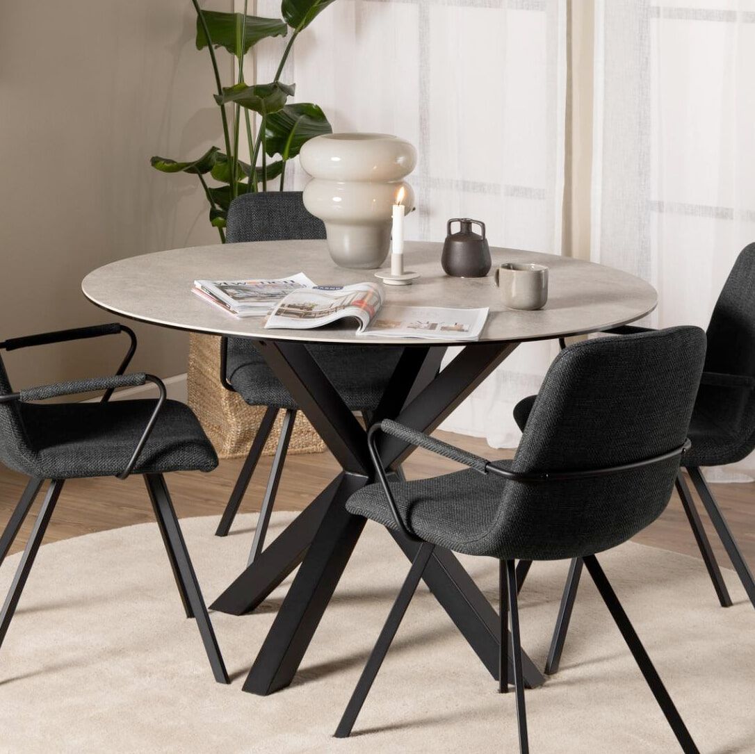 Bendt ronde eettafel Line 119 cm – Grijs, keramiek & gepoedercoat staal
