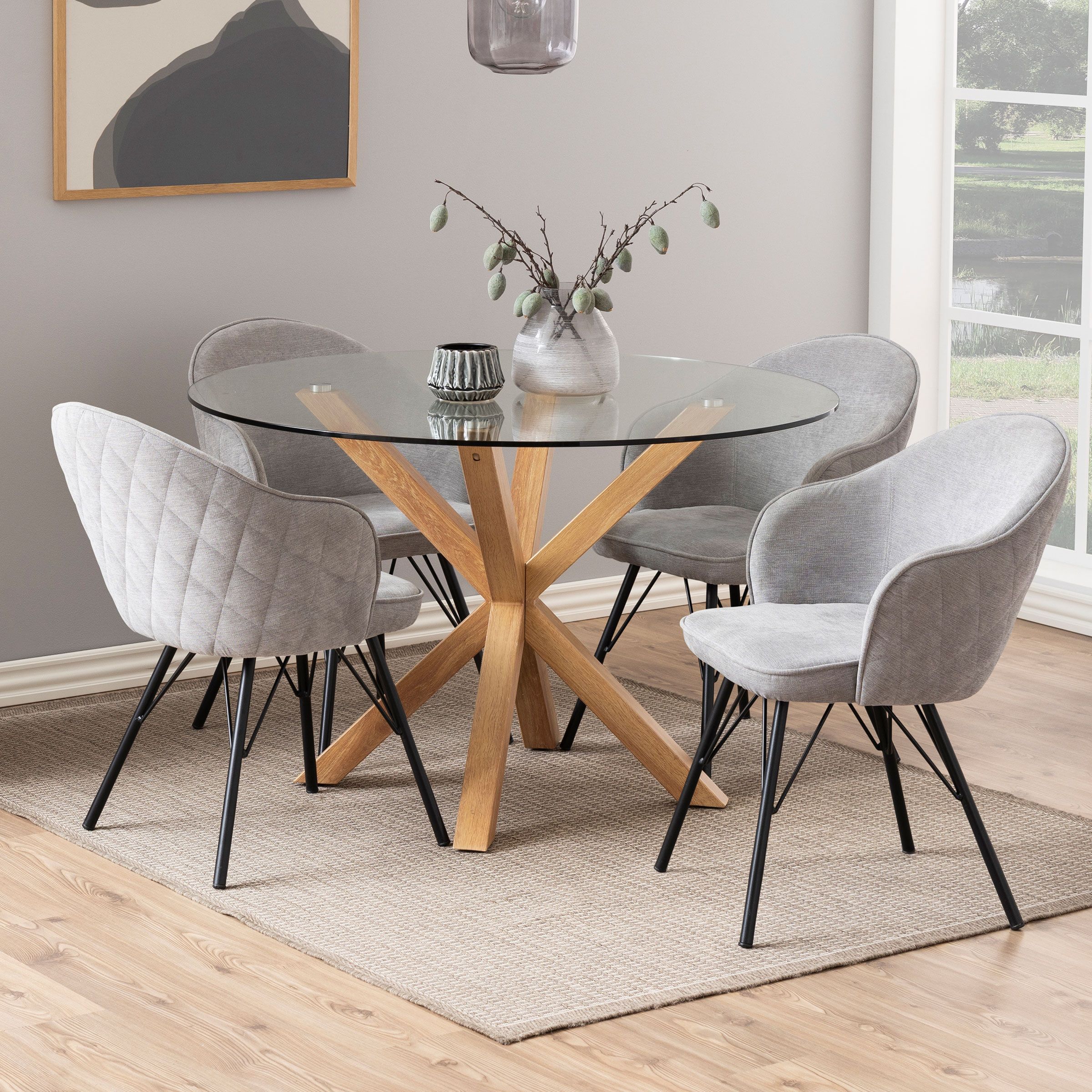 Bendt Ronde Eettafel Line Glas – Transparant, 119 cm – Moderne stijl met eiken kruisvoet