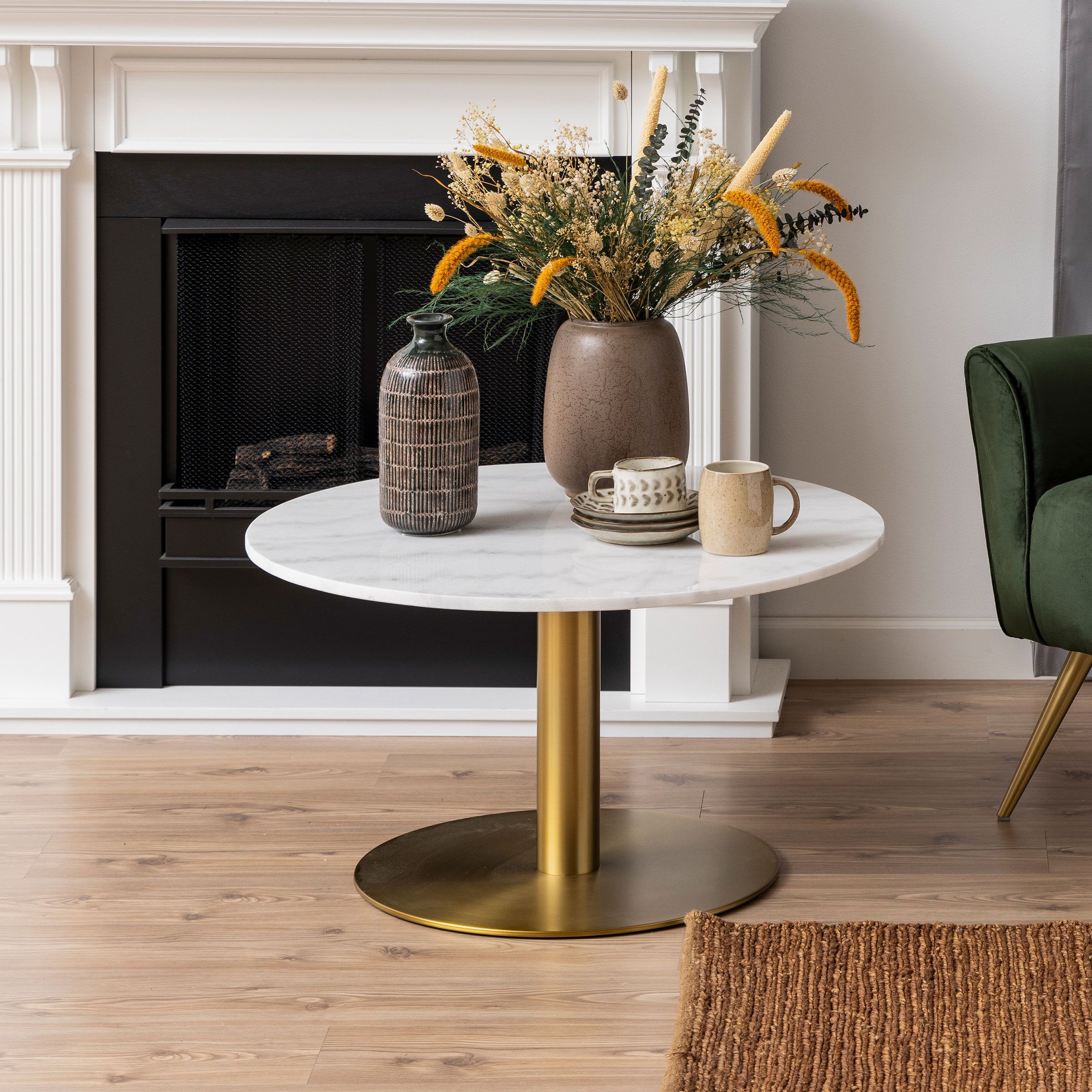 Bendt ronde salontafel Naima – Stralend wit marmer & brushed brass, 80 cm
