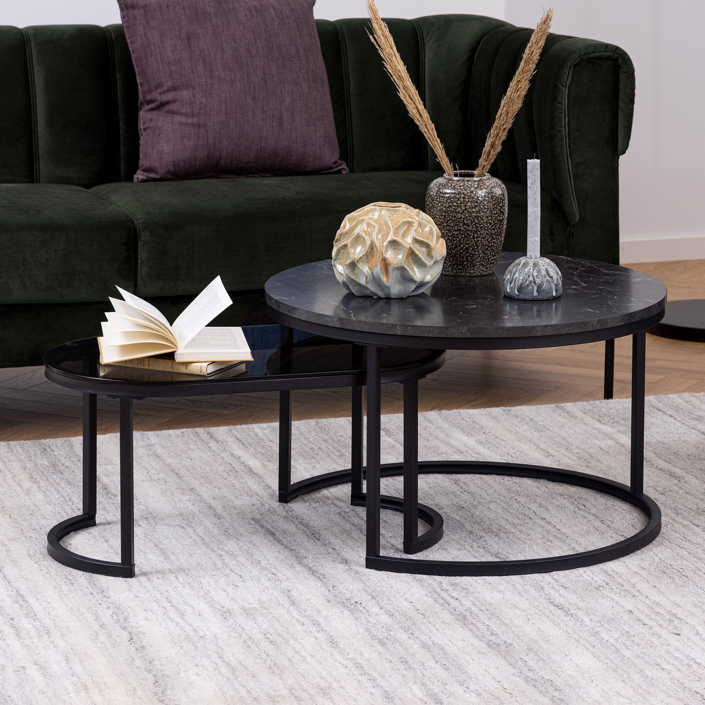 Bendt Salontafel Flemming Set – Industriële Elegantie in Marmerlook & Glas