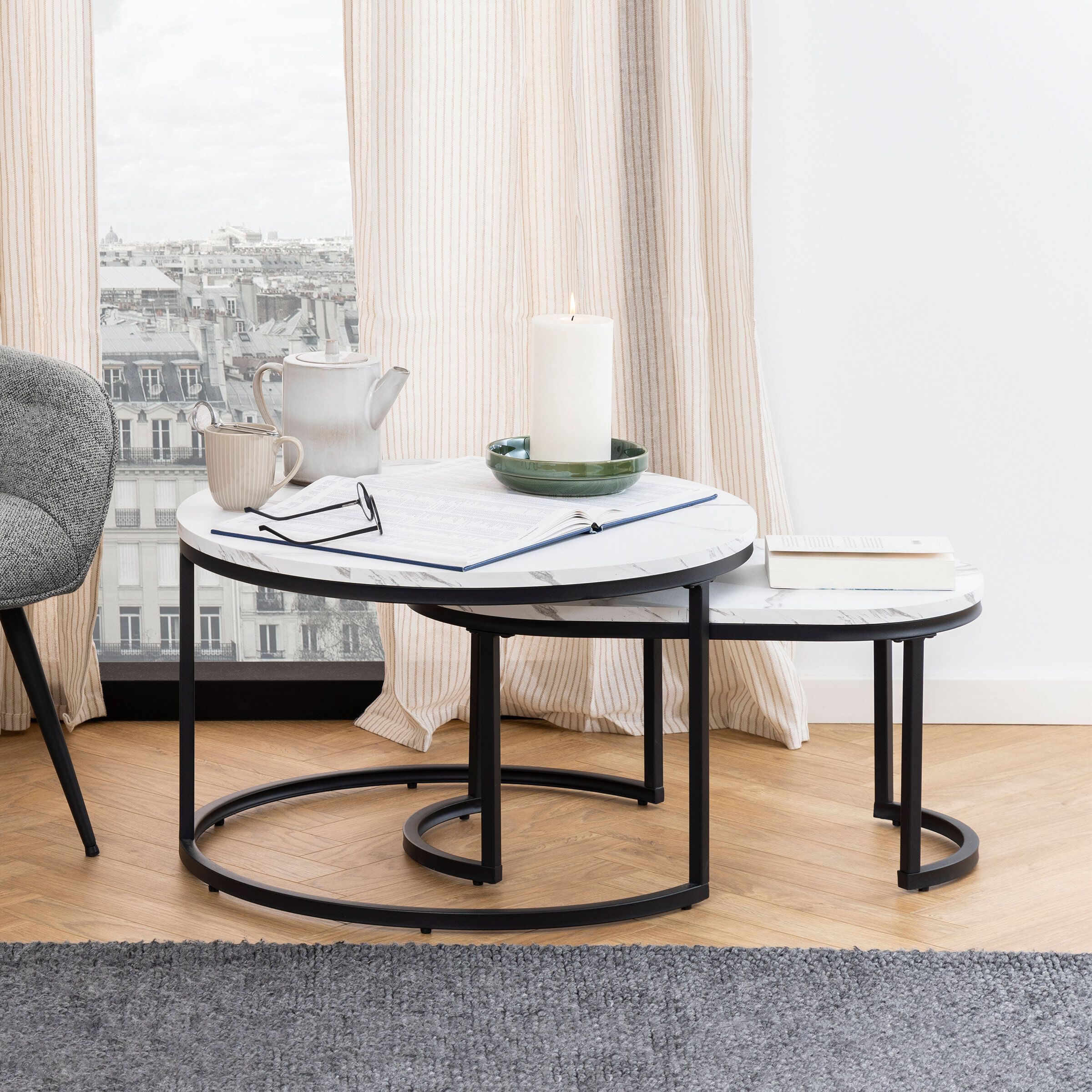 Bendt Salontafelset Flemming – Luxe Marmerlook in Wit met Zwart Frame (2 stuks)