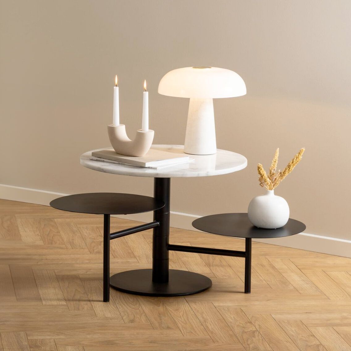 Bendt Saprina Rond Marmeren Salontafel met Roterende Bladen – Moderne Bijzettafel in Wit