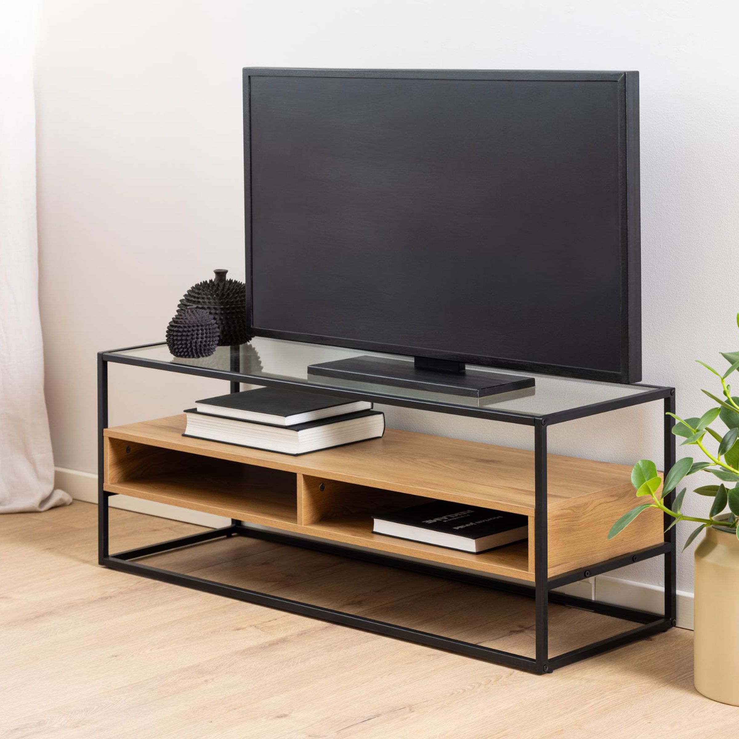 Bendt TV‑meubel Maikel – Eiken & glas, 120 cm (transparant)