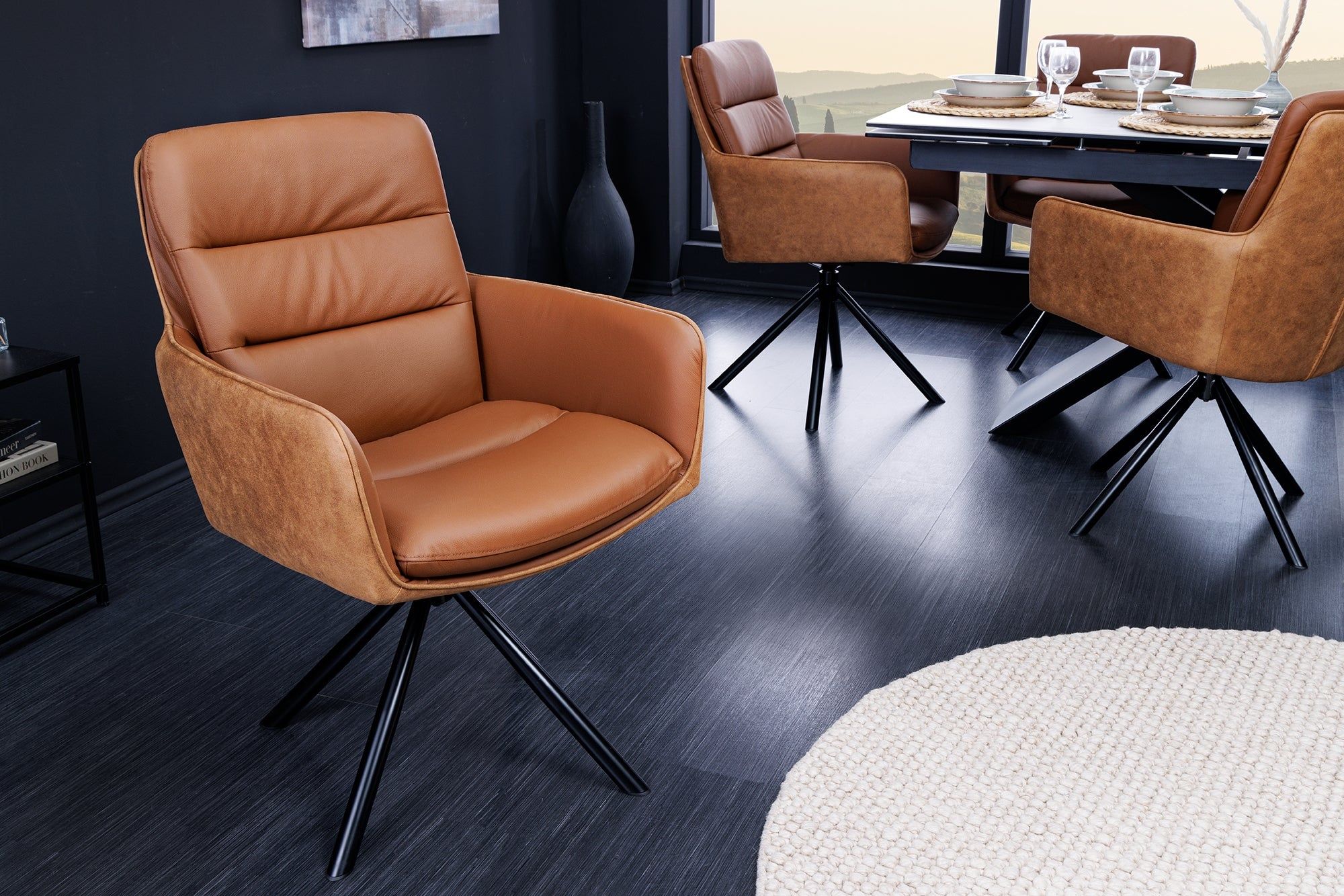BIG GEORGE designstoel in cognac echt leer – draaibaar, retro met armleuning