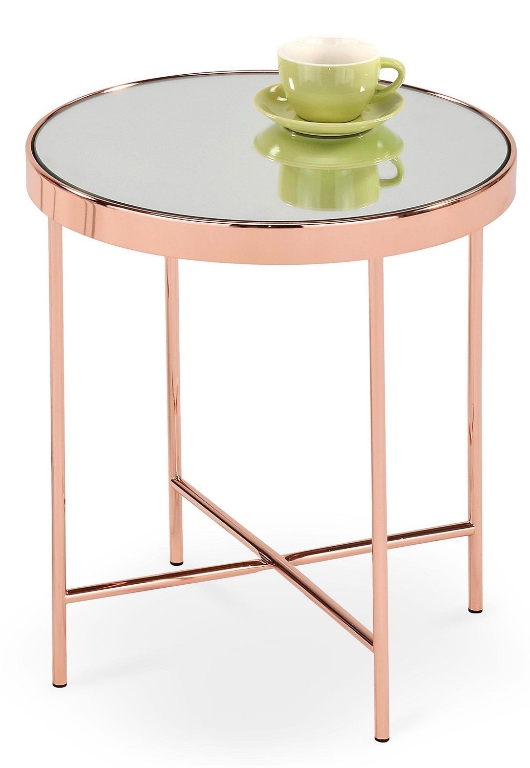 Bijzettafel Mira – Strakke glazen top met koperkleurige stalen poten (42×46×42 cm)