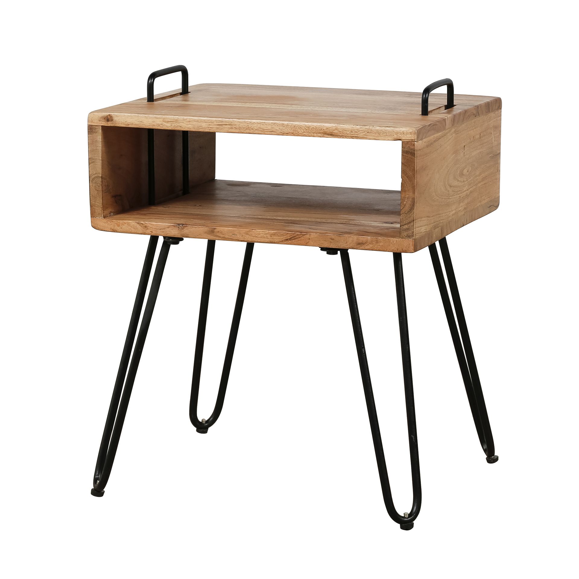 Bijzettafel Quadro 48 cm – Acacia naturel met zwart stalen frame van Zaloni
