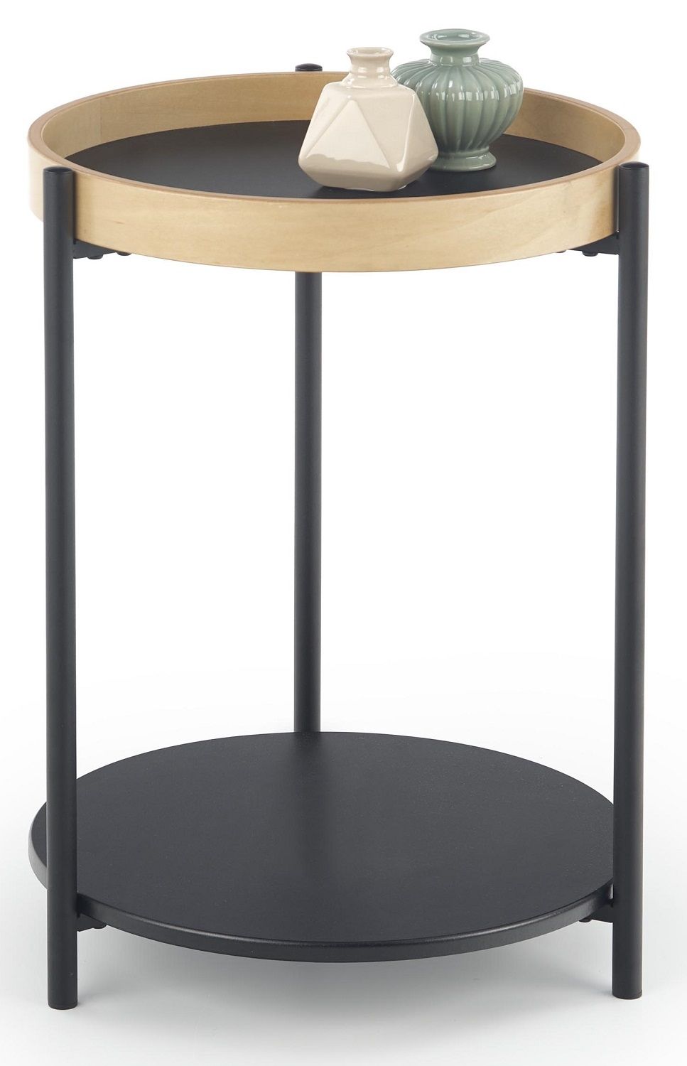 Bijzettafel Rolo – Natuurlijke eikenlook met zwarte staalpoten, 44 × 55 × 44 cm