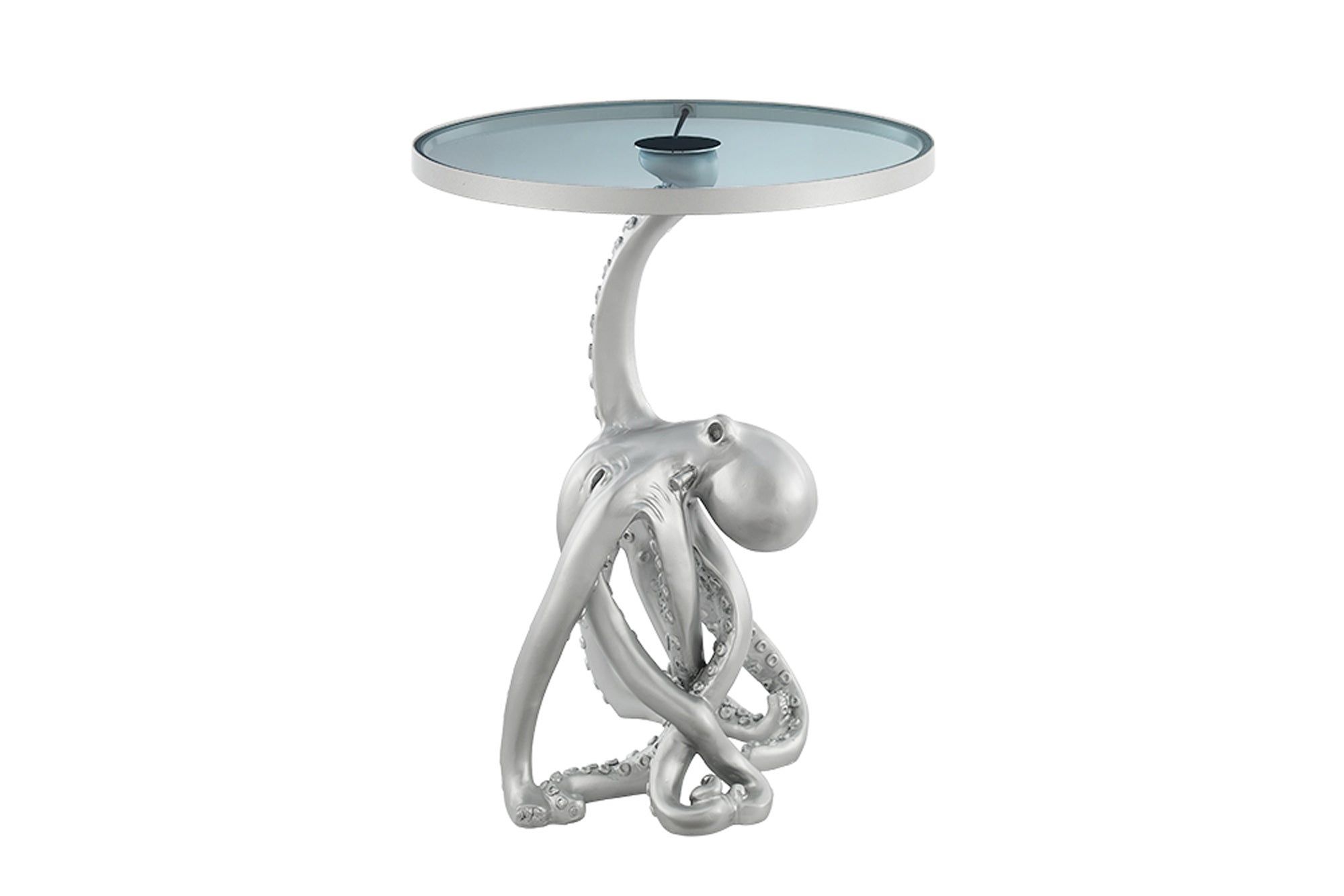Bijzettafel WILDLIFE OCTOPUS – Zilverkleurige LED‑verlichte Glazen Tafel van 55 cm